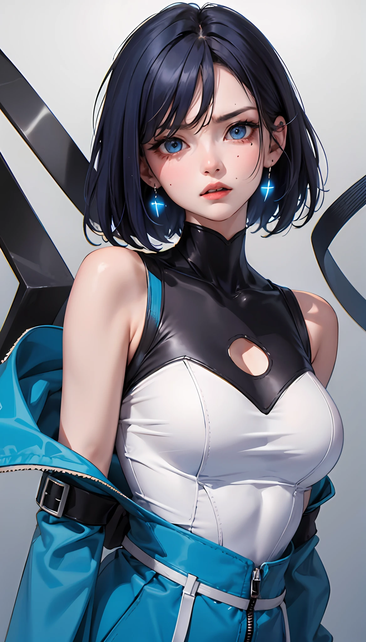 dark blue short hair（tmasterpiece，：1.2，hbest quality），（1lady，独奏，Upper body body：1.2）dark blue short hair，garments：shortsleeves，Dark blue shoulder-length short hair accessory：Issuing ，naturey，Glowing skin，Doing：Be red in the face，weeping，Angry frown position：liveroom，blue eyess，extremely giant breasts， Short, blue shoulder-length hair