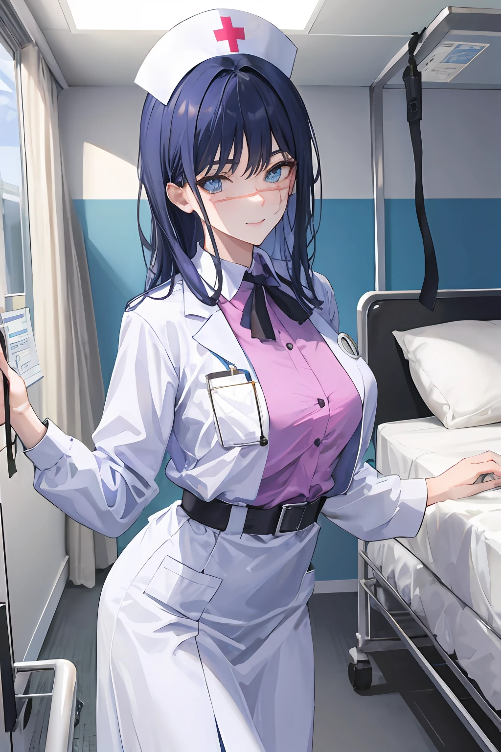 master work, best qulity, detailded, seulement, 1fille, nurse, bas, seductive pose, nurse cap, rideaux de poitrine, Gants, Souriant, attentive, compatissant, interagir, amical, chaleureux, hospital, Medical Clinic, nursing position, chevet du patient, salle de traitement, Medical equipment, fournitures, hospital beds, moniteurs, medicaments, patient, Colleagues, traditionnel, bleu clair, protecteur, background, cadre, medical, clinique, chevet, traitement, equipment, fournitures, hospital bed, moniteur, medicaments, masque chirurgical, Cheveux courts, seins moyens, beaux yeux bruns, décolleté, gros seins, transpiration, rougissement, respiration lourde,