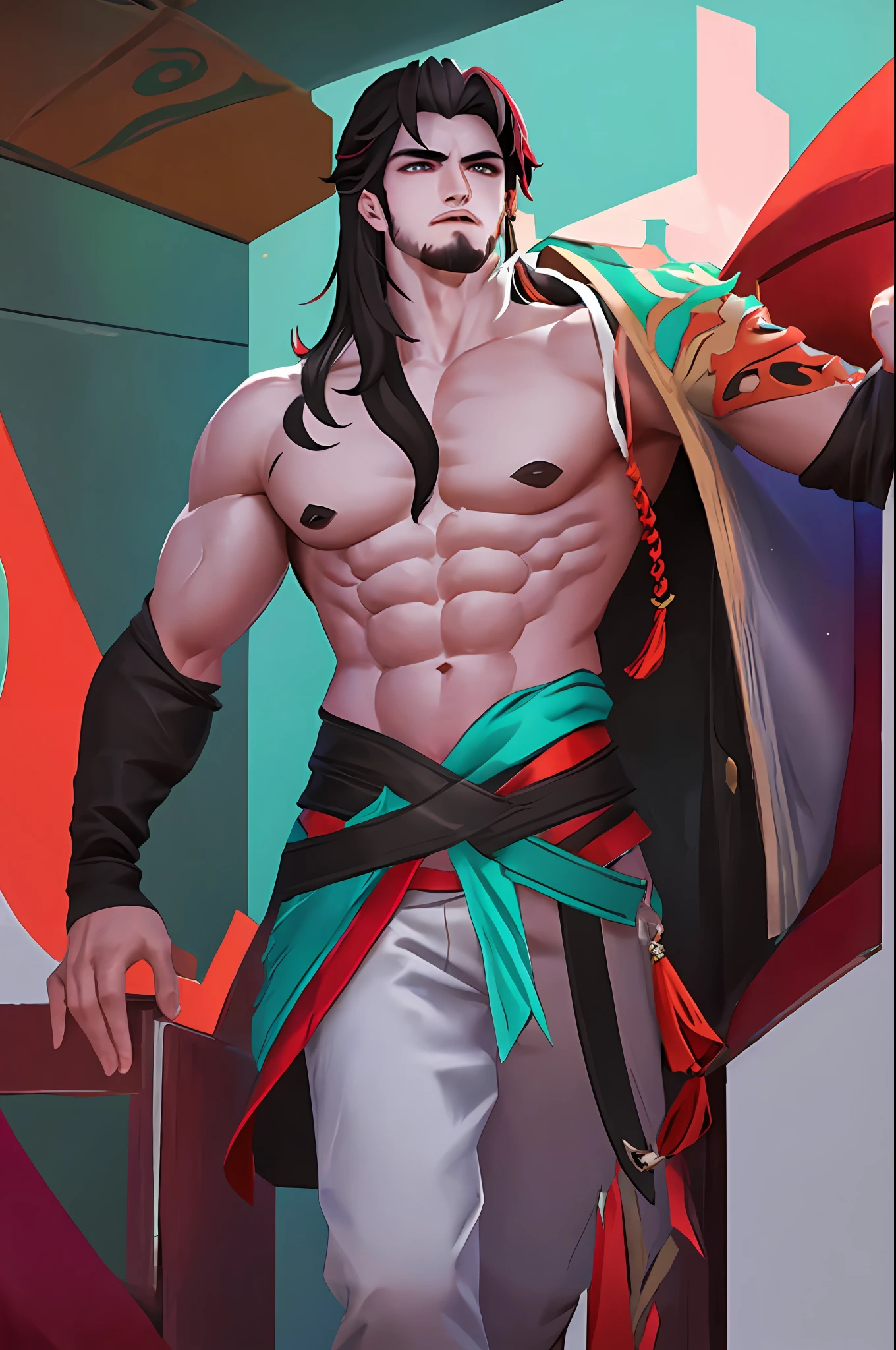 Guanyu,with white colored bangs,Striped hair,1boys,tmasterpiece,Best quality at best,the face,Long beard,fullnude