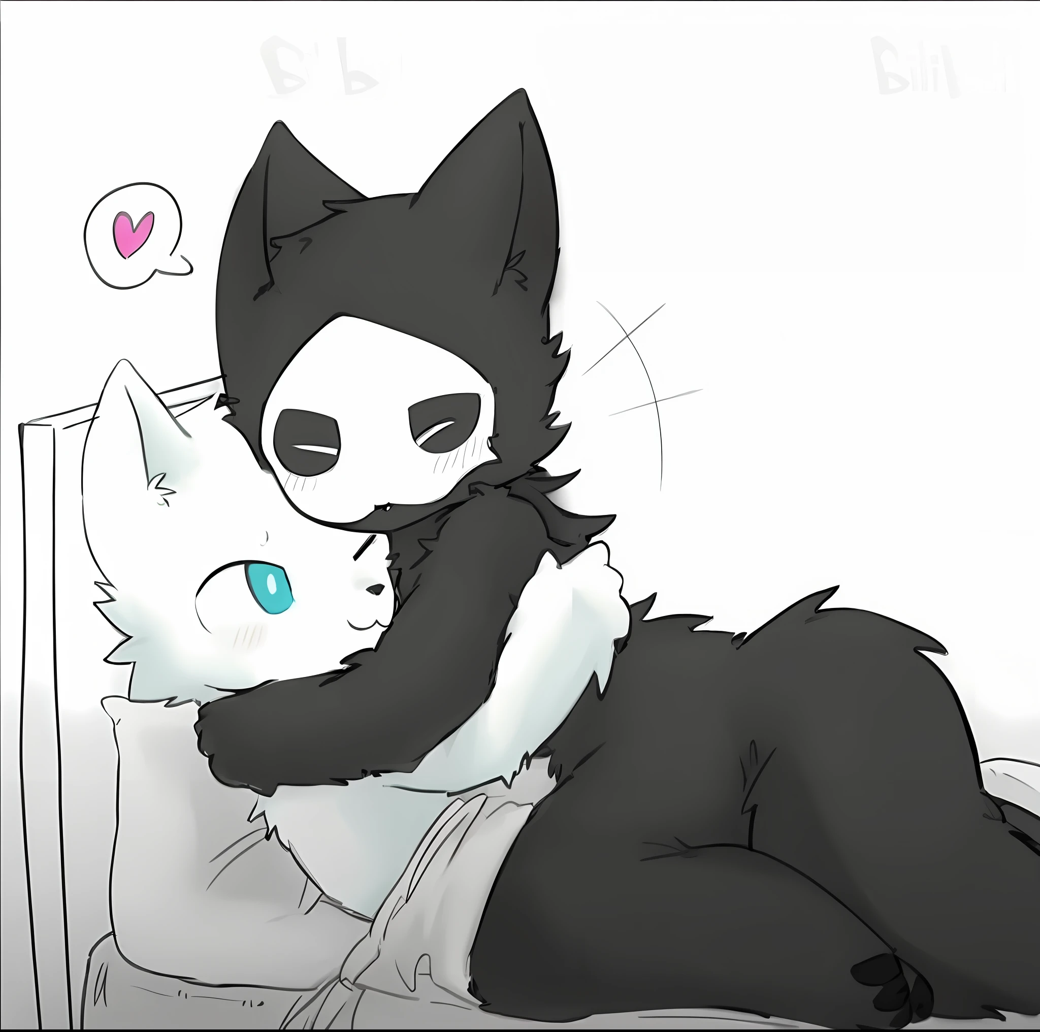 There is a painting,A cat hugging a cat in bed, emo boy with cat ears and tail, fursona!!!!, anime cat, fursona art, kissing together cutely, leaked chest after being :5 sexy: 7, hugs, realistic anime cat, Sirius A and Sirius B, sketchy, awww, White background : 3, cute artwork, High-quality fanart, lovly