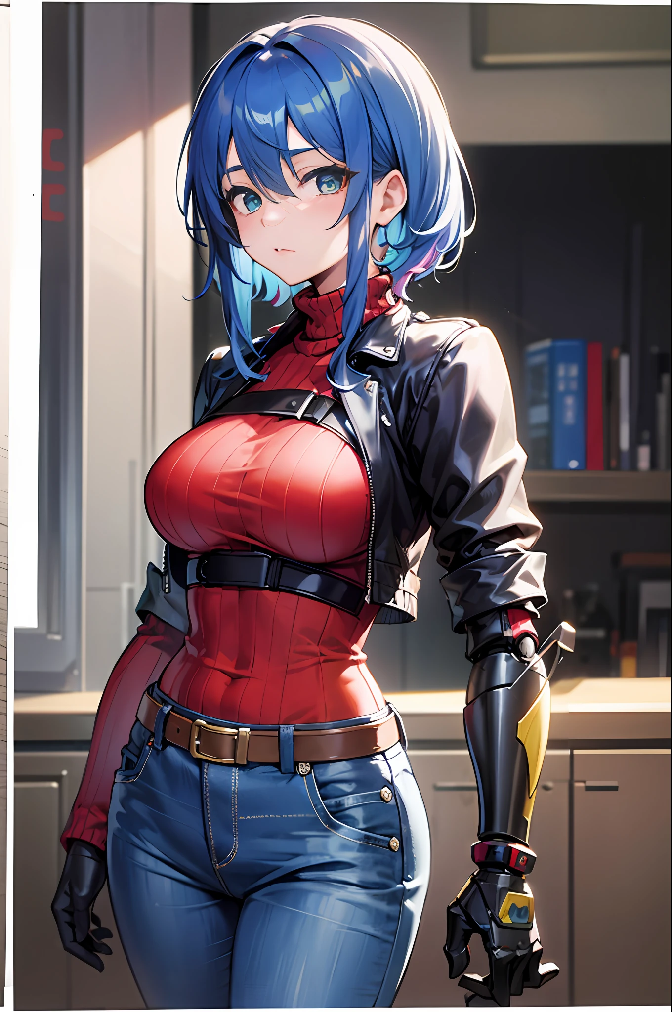 tmasterpiece,high high quality,1girl,solo,mideum breasts,Short blue hair,greeneyes,(hair between eye),(00BFFE sprite scissors),Left arm,Left-handed robotic arm,Disappointed face,(Embroidered sweater,Cropped flared jeans,Leather blazer)