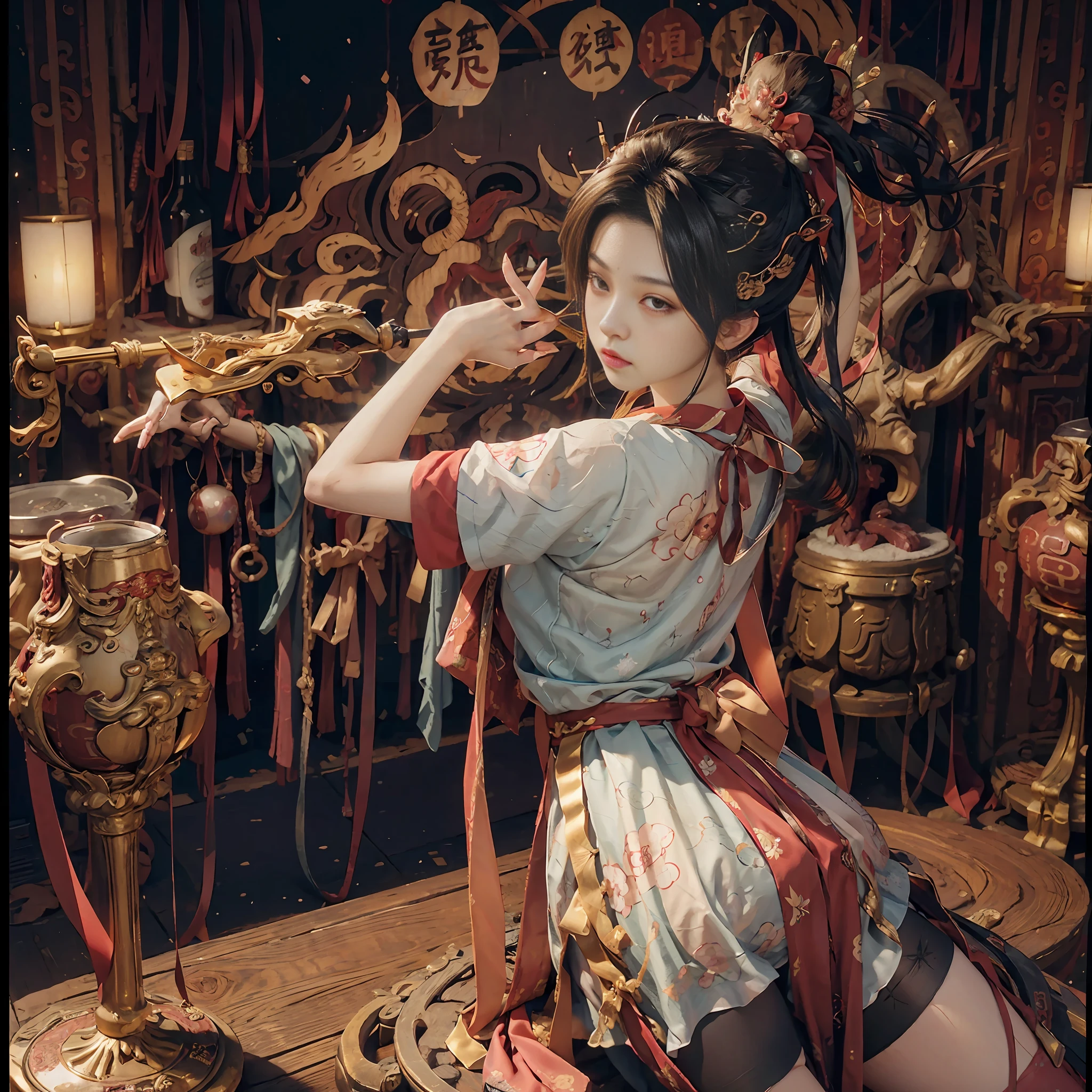 female high-school student, hugetits, perfect bodies, black lence stockings, chineseidol, Long hair, Tsundere, Drunk, Drunk, High detail, Verism, The ultra -The high-definition, 巨作, Textured skin --auto