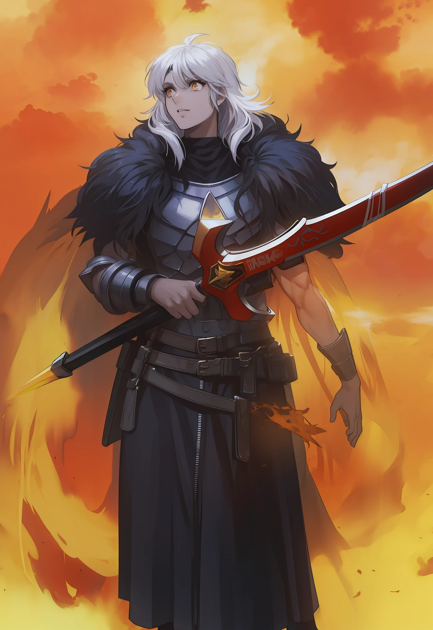 Masculino, pele negra, olhos amarelo,4k,no meio do fogo, Dark kingth armor Full body, Dark fantasy, segurando uma espada,tons de calor