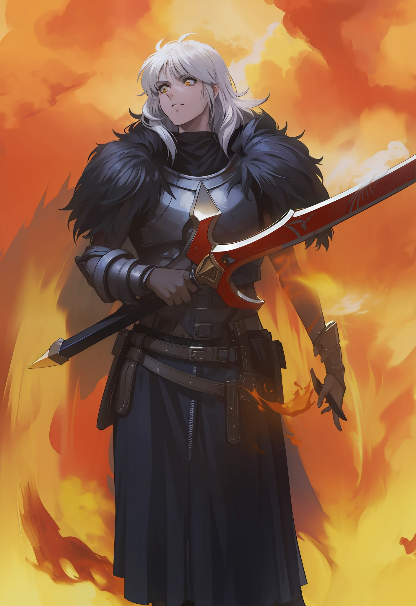 Masculino, pele negra, olhos amarelo,4k,no meio do fogo, Dark kingth armor Full body, Dark fantasy, segurando uma espada,tons de calor