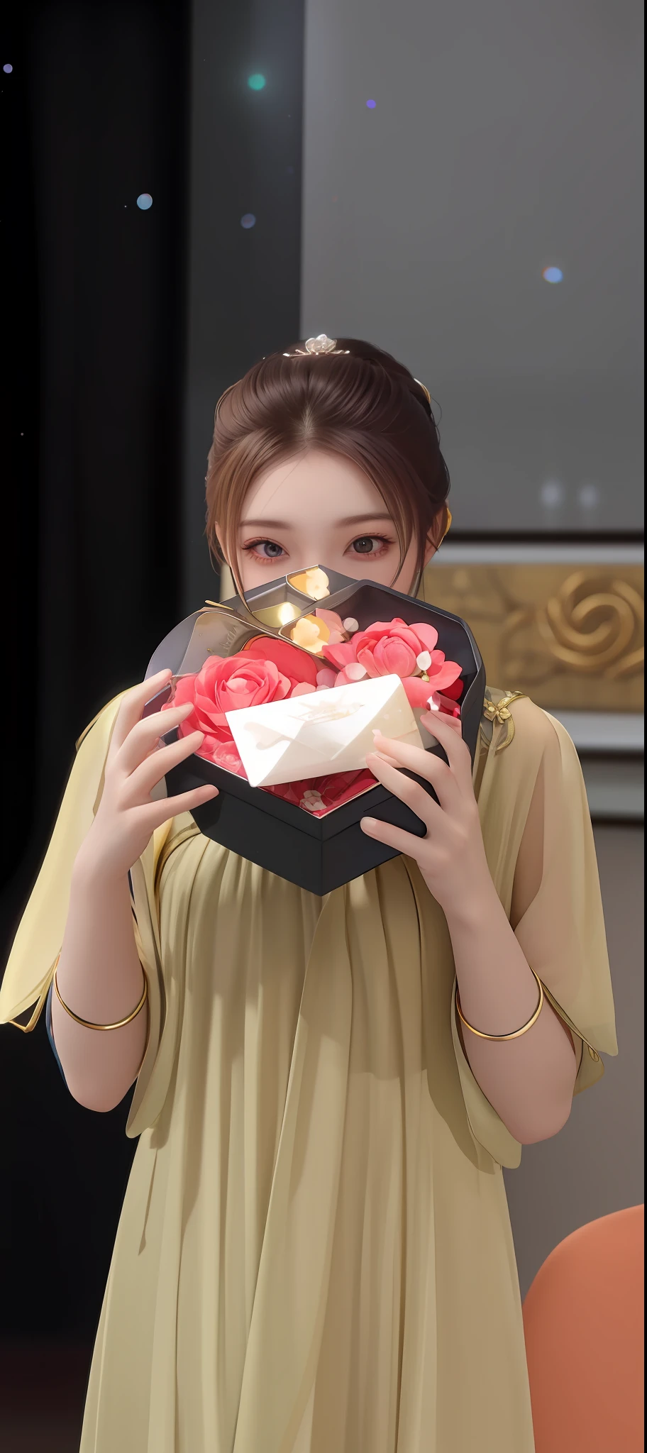 Best quality, masterpiece, high resolution, 1girl, porcelain dress, hair accessories, necklace, jewelry, beautiful face, on the body, Tyndall effect, realistic, dark studio, edge lighting, two-tone lighting, (high detail skin: 1.2), 8k UHD, dslr, soft light, high quality, volumetric light, candid, photo, high resolution, 4k, 8k, background blur,
