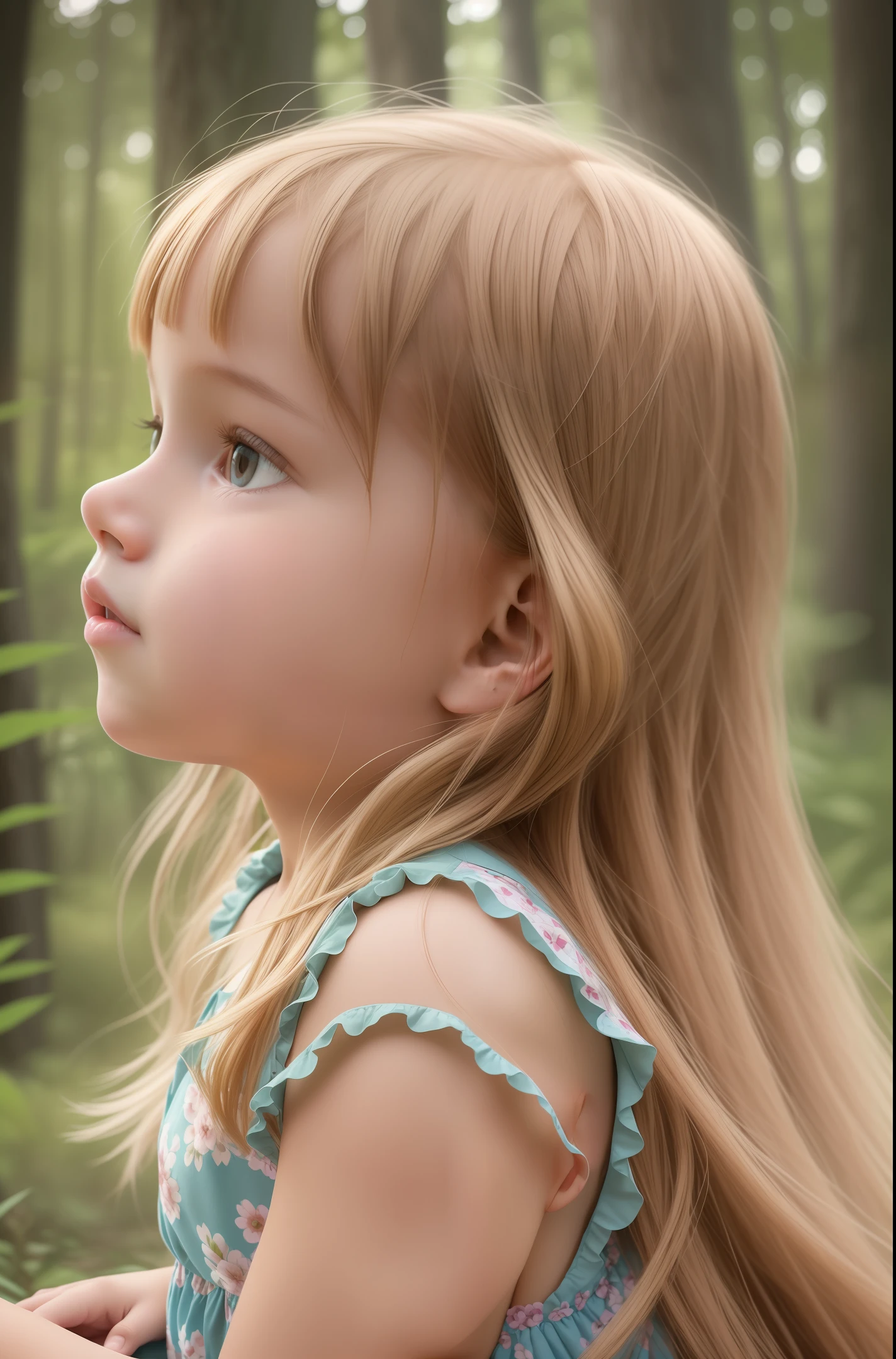 a realistic photograph in 8k, depicting a -year chilild is chubby, with fair skin, long straight blonde hair that has curls at the ends. They are seated in a wooded forest filled with flowers, in a contemplative pose, facing away from the camera and looking up at the sky, engaged in a conversation with God. The scene is captured with stunning detail, showcasing the child's innocence and connection with the divine. The photograph highlights the child's features, emphasizing their chubby cheeks and bright eyes. The environment is lush and vibrant, with an abundance of trees and colorful flowers surrounding the child. The lighting creates a serene atmosphere, with soft rays of sunlight filtering through the leaves and casting gentle shadows. The image captures a profound moment of introspection and spirituality, as the child engages in a heartfelt dialogue with the divine. The final photograph is presented in 8k resolution, capturing the intricate details of the child's expression and the natural beauty of the forest setting. --auto --s2