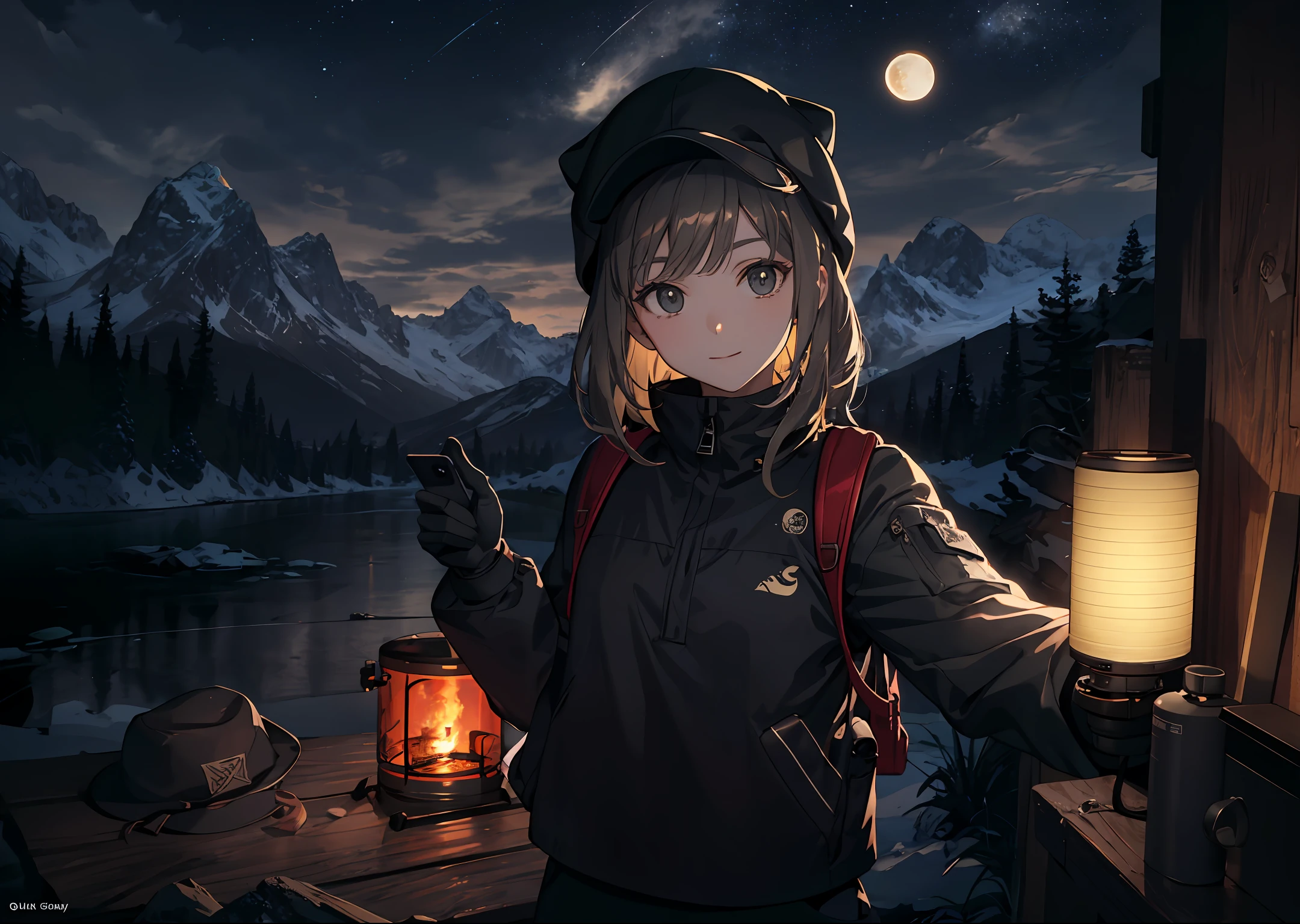 1 woman((upper body selfie, happy)), masterpiece, best quality, ultra-detailed, solo, outdoors, (night), mountains, nature, (stars, moon) cheerful, happy, backpack, sleeping bag, camping stove, water bottle, mountain boots, gloves, sweater, hat, flashlight, forest, rocks, river, wood, smoke, shadows, contrast, clear sky, analog style (look at viewer:1.2) (skin texture) (film grain:1.3), (warm hue, warm tone) :1.2), close up, cinematic light, sidelighting, ultra high res, best shadow, RAW, upper body, wearing pullover