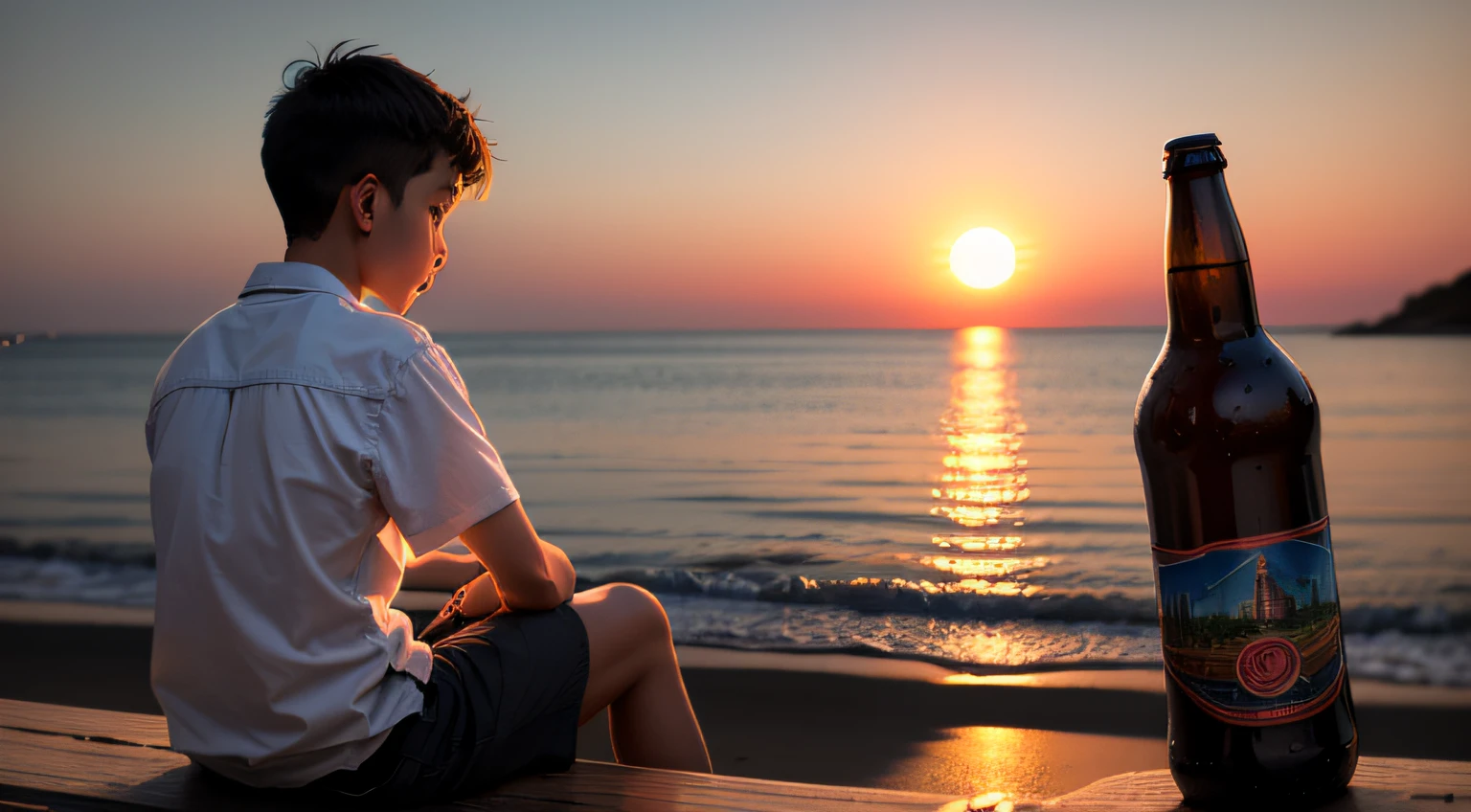 A boy with，the setting sun，Sitting by the sea，Beer bottles --auto