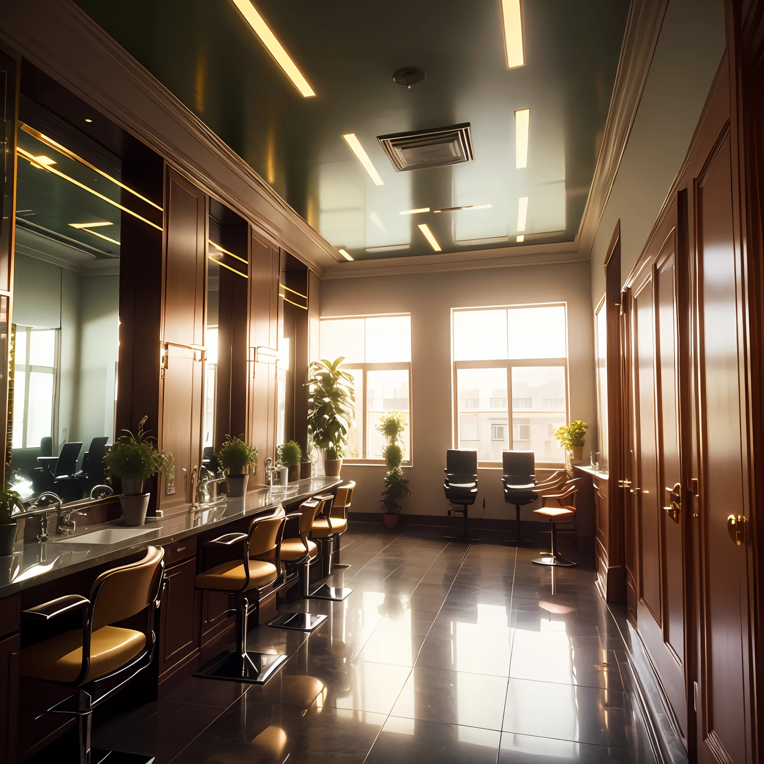 Luxurious beauty salon in dark red and gold colors, The hall has several transparent panes of glass that illuminate the place, It also has some green plants scattered around the place and you can see employees in uniforms, vinho fixando seus cabelos e maquiagem de clientes; --auto