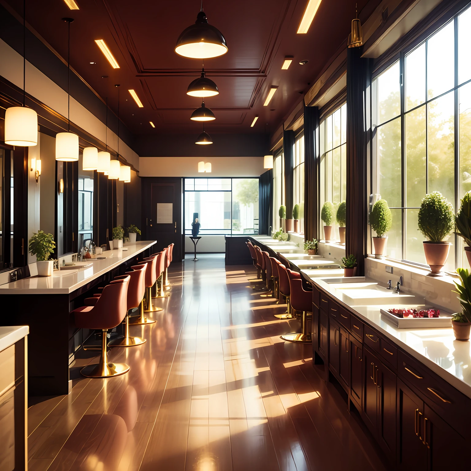 Luxurious beauty salon in dark red and gold colors, The hall has several transparent panes of glass that illuminate the place, It also has some green plants scattered around the place and you can see employees in uniforms, vinho fixando seus cabelos e maquiagem de clientes; --auto