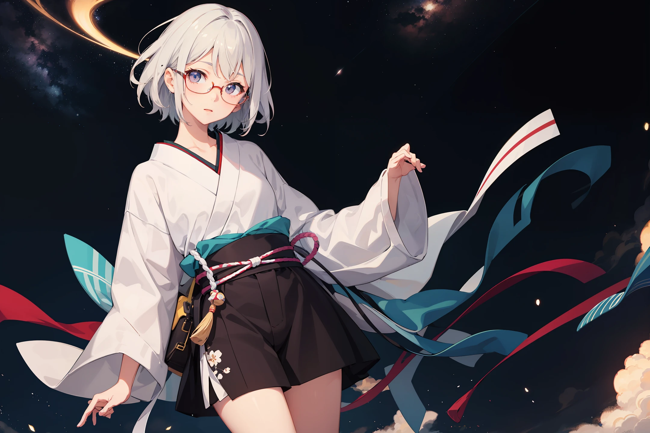 Pure beautiful girl with short hair with glasses tilting her head ,Dressed in a white sweatshirt,night sky background,In a Japanese anime style,shylily,