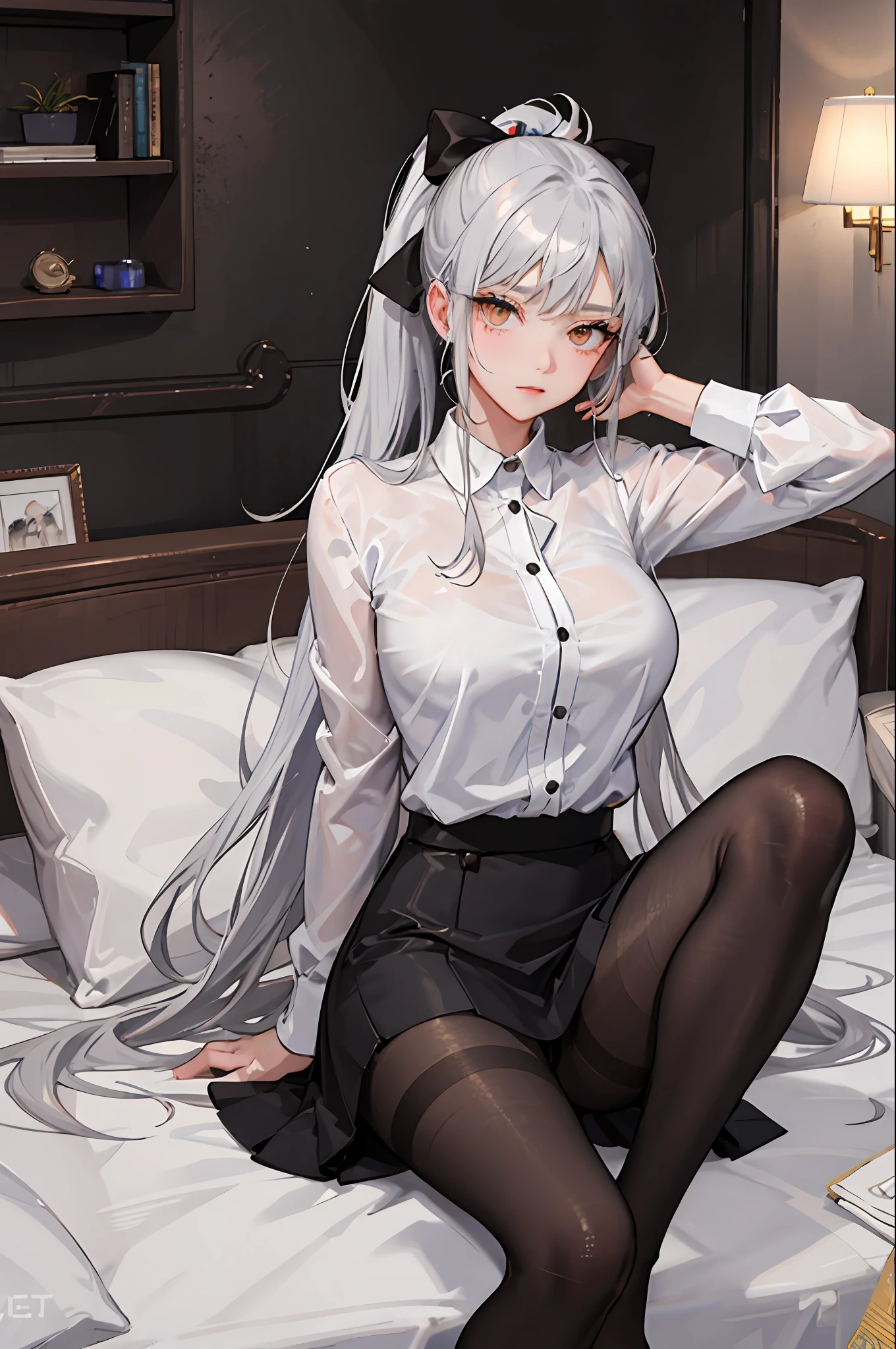 （（（1个Giant Breast Girl）），Ray traching，（dim murky lights），[detailedbackground（Bedrooms）），（（Silvery hair）），（（Silvery hair）），（（（（（Fluffy silver hair，Busty and slender girl））Wears a high ponytail）））Avoid golden eyes in the ominous bedroom（（（（Girl wears white shirt，Black wrinkled skirt，Wear yours with black sheer pantyhose），It shows a delicate and slender figure and beautiful curves，Correct limbs，sit on a bed，Put your hands behind your head，There is a milky white liquid on the back of the head with both hands