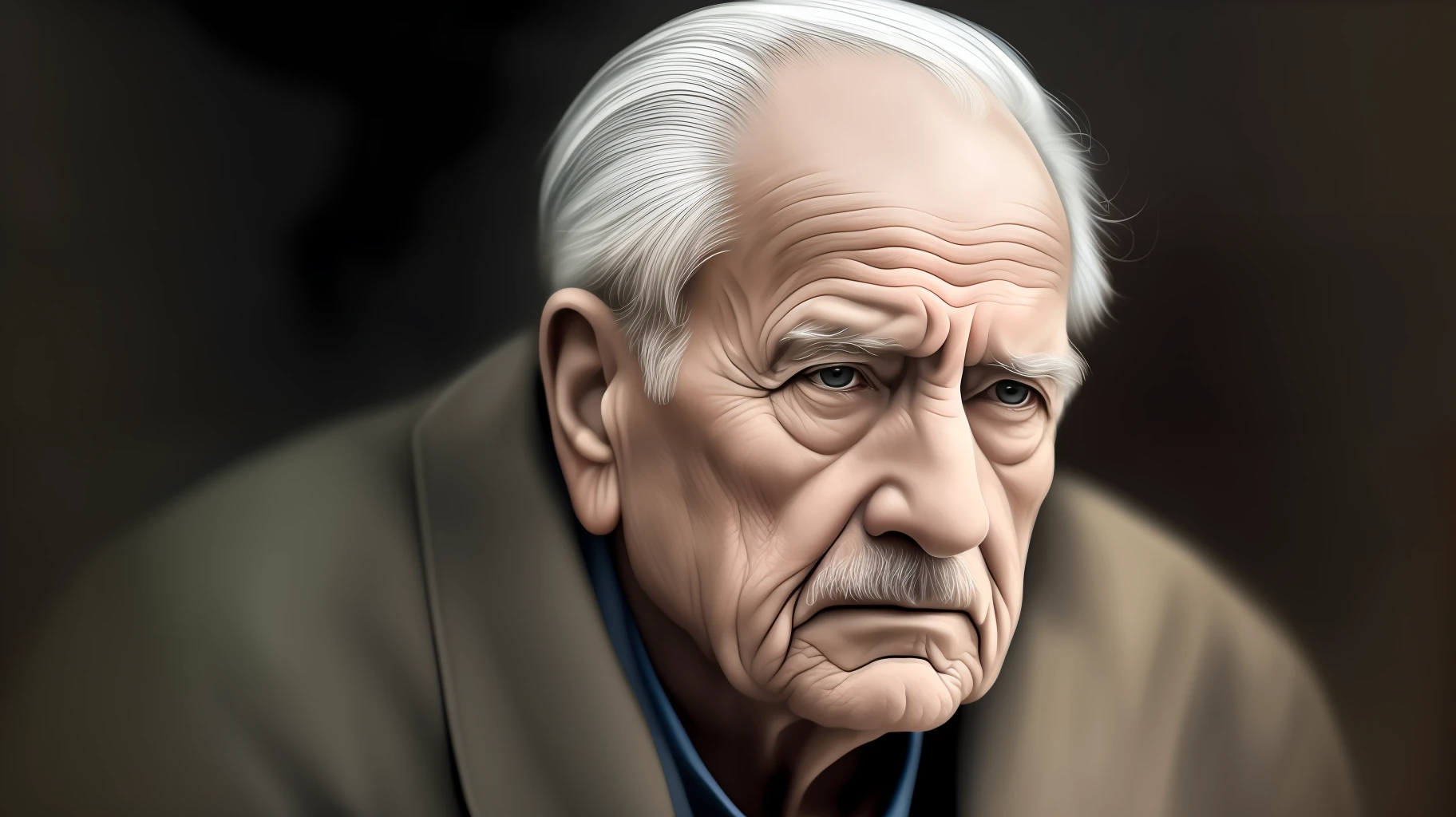 (best quality, masterpiece, an extremely delicate and beautiful), elderly male, sad expression, deep wrinkles, traditional costume, oil painting style, dark and moody lighting, monochrome, minimalistic background, expressing deep emotions.