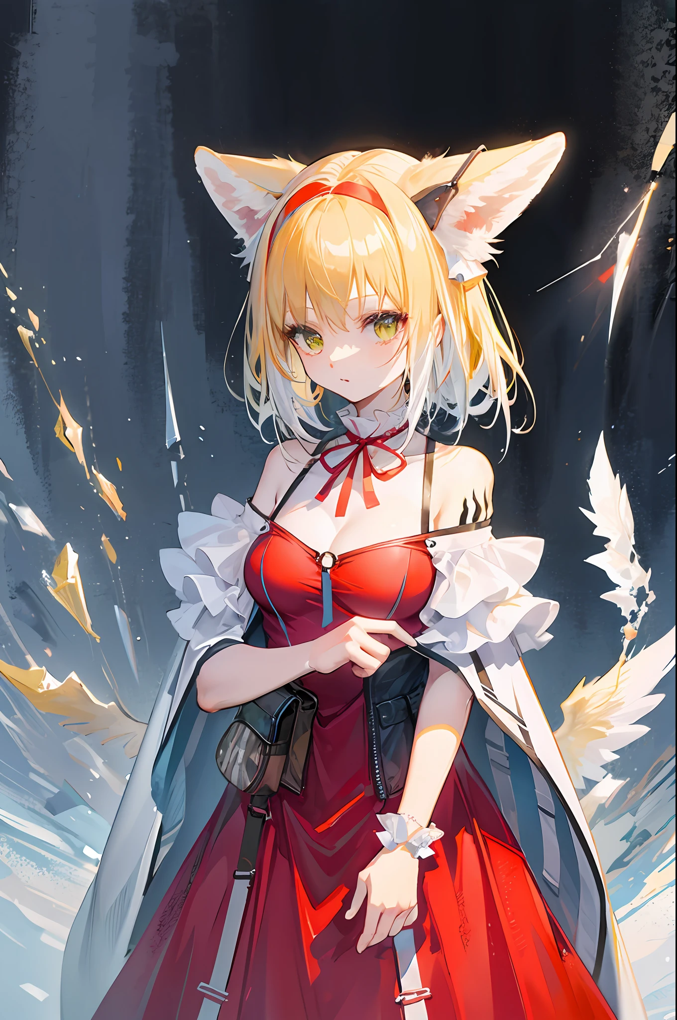 Best picture quality，magnifica，touhou character，Eastern Project，western，Red pleated dress with short white sleeves，Yellow neckline，Wings with colored crystals，Yellow hair，Delicate skin，Lori huge breasts cleavage，