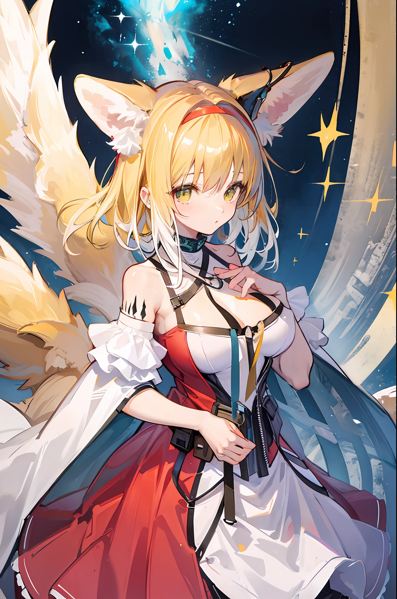 Best picture quality，magnifica，touhou character，Eastern Project，western，Red pleated dress with short white sleeves，Yellow neckline，Wings with colored crystals，Yellow hair，Delicate skin，Lori huge breasts cleavage，