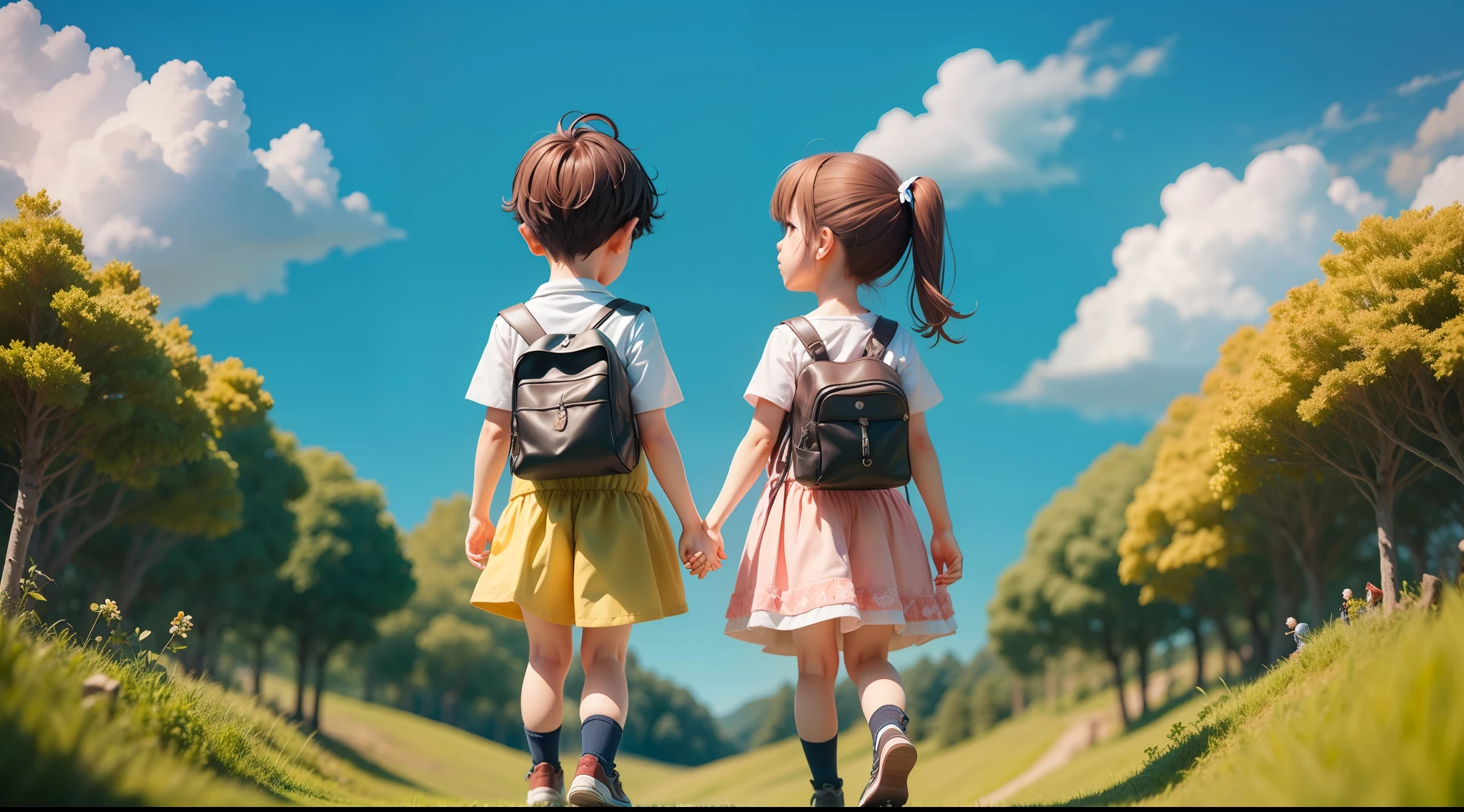 Rural nature,The back of a boy and a girl holding hands,Look up at the cloudless blue sky,chibi,full body