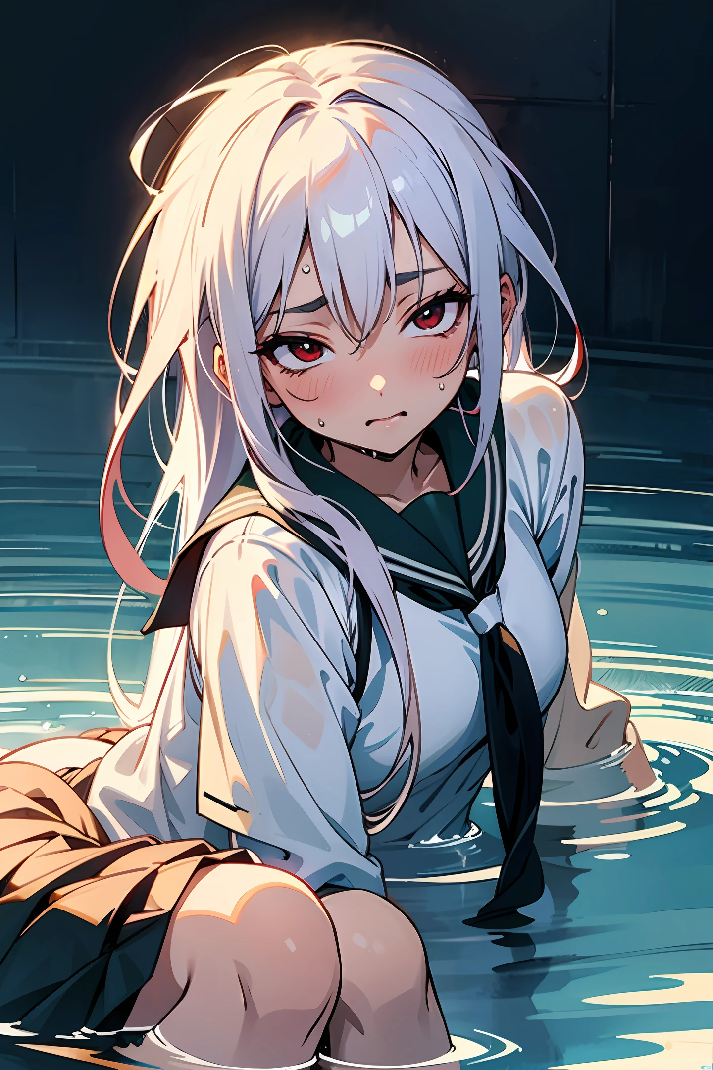 school uniformss,length hair,Anime style,Wet,schoolgirls
,sitted,Lie down,Red face,soaking wet,White hair