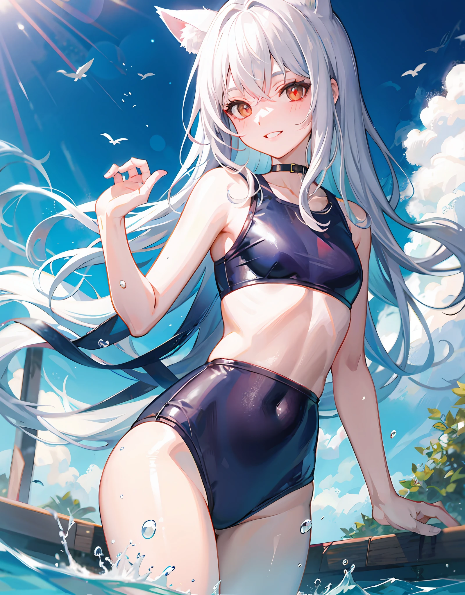 White hair,hugetits,Two-dimensional,red pupils,cat ear,swim wears,ssmile