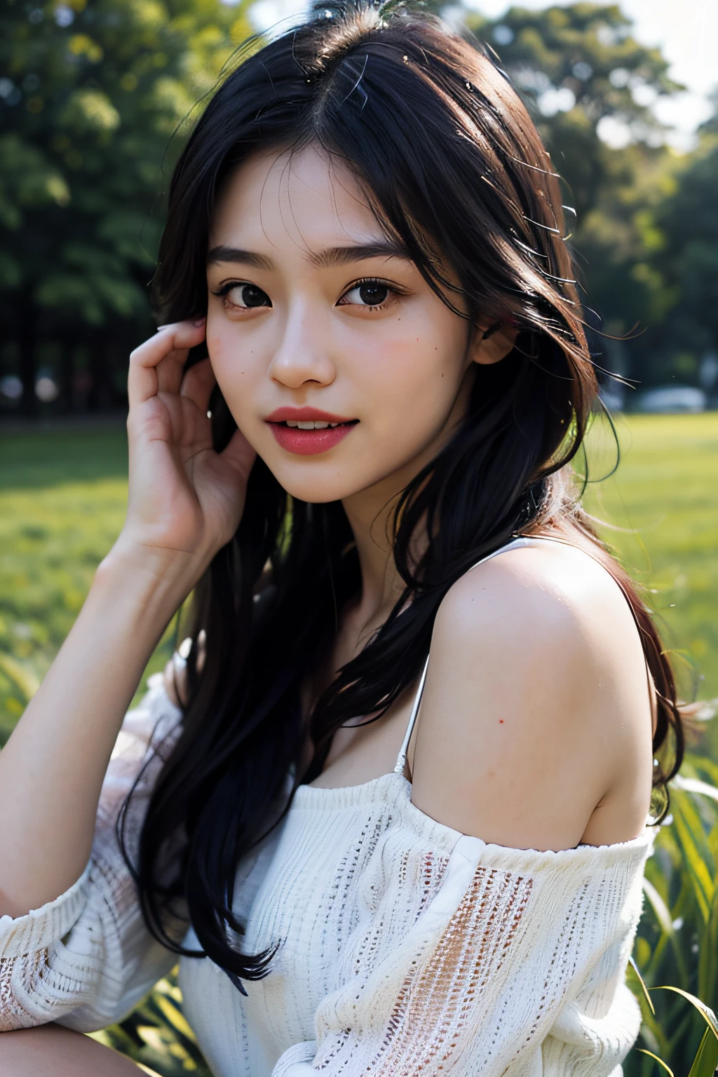 (in 8K、 Raw photography、beste-Qualit,、hight resolution),、(hyper realisitic)、(realisitic),、Soft light、、Kizi、Lifelike face、Realistic body、real-looking-skin、absurderes、masterpiece、Cuties、独奏、Innocent eyes、blusher、Cinema Lights、cherry colored lips、The hair 、a closeup、looki at viewer、 Open lips,、Upper teeth,、(Smiling eyes:0.6)、eyes focus、professionally lit、CG Social Trends、Plastic En、((Black Long Hair))、((beautfull woman))、(A smile)、Fashionable、((A sexy))、Hair that flutters in the wind、((Flowing hair))、Happy -、fashion magazine、((lighting like a movie))、((grass field))、(Dancing)、(Strong sunshine)、caps、suns、