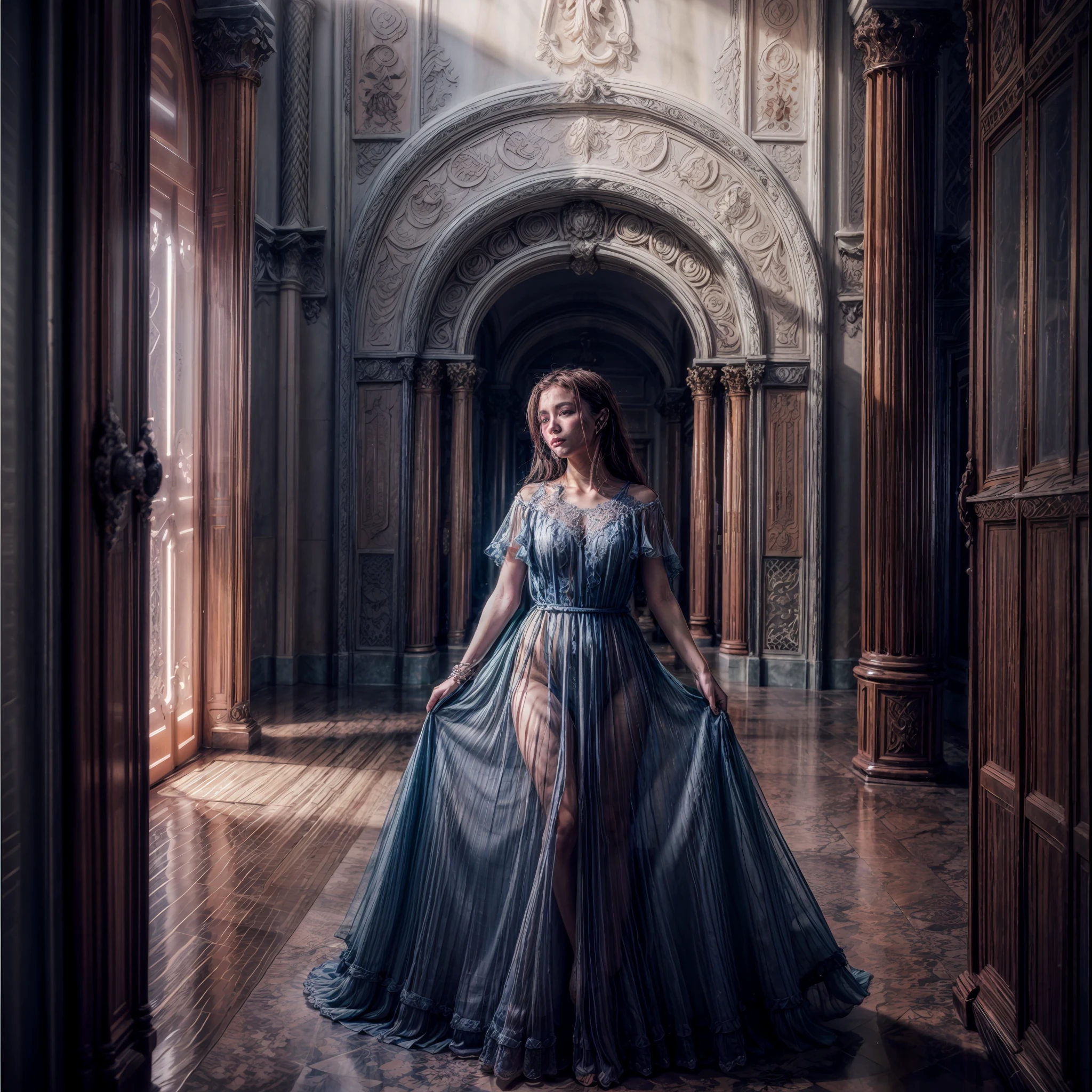 (RAW photo), highest quality, 8k wallpapers, (photo realism: 1.4), (high resolution), super detailed, (realism: 1.2), (best quality: 1.3), Beautiful thick woman wearing an eligant soft blue gown, walks down an isle of a 1700 century castle, poorly lit, soft light, backlit, micro-details, photorealism, photorealistic, cinematic light, cinematic, beautiful girls,