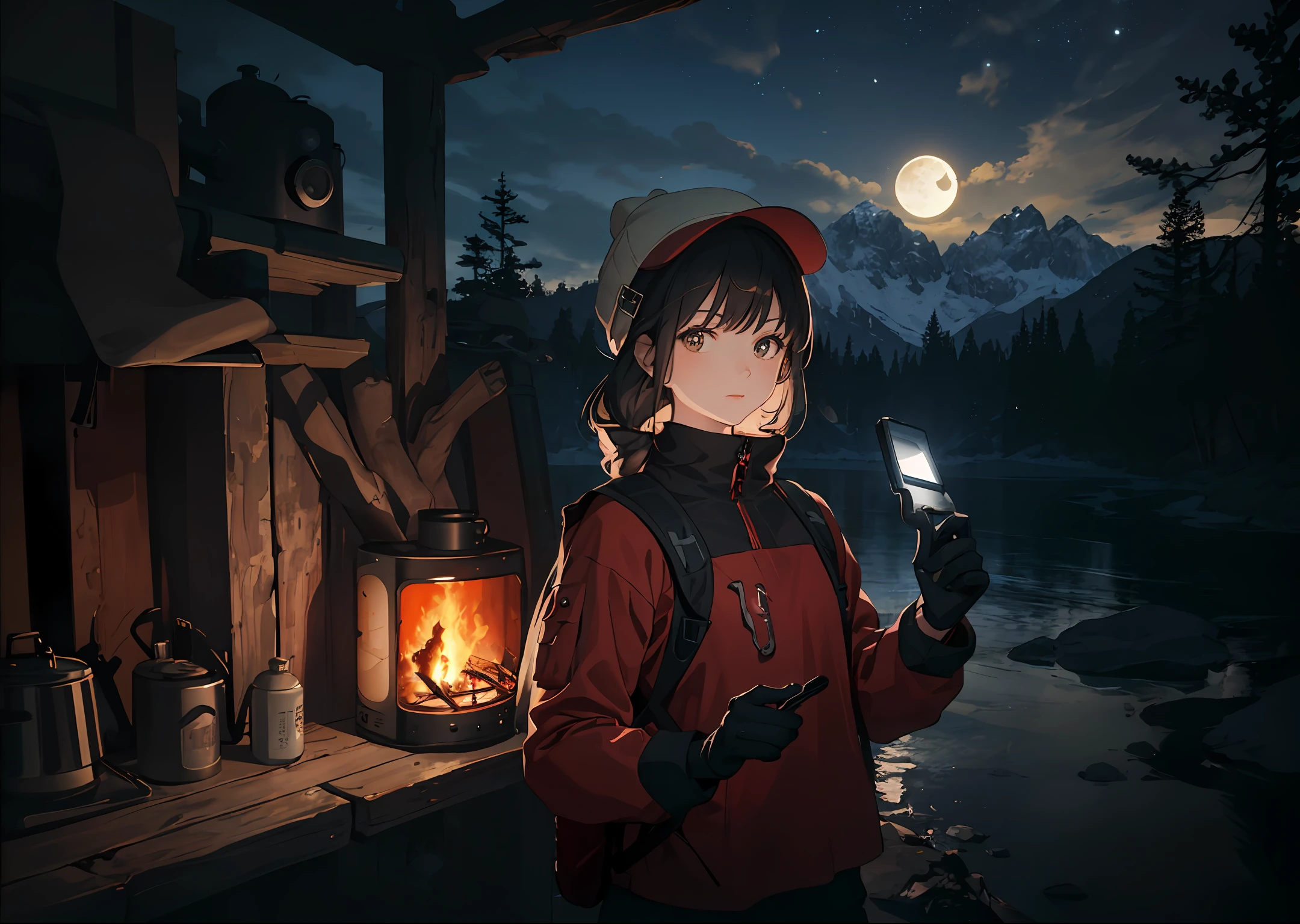 1 woman((upper body selfie, happy)), masterpiece, best quality, ultra-detailed, solo, outdoors, (night), mountains, nature, (stars, moon) cheerful, happy, backpack, sleeping bag, camping stove, water bottle, mountain boots, gloves, sweater, hat, flashlight, forest, rocks, river, wood, smoke, shadows, contrast, clear sky, analog style (look at viewer:1.2) (skin texture) (film grain:1.3), (warm hue, warm tone) :1.2), close up, cinematic light, sidelighting, ultra high res, best shadow, RAW, upper body, wearing pullover