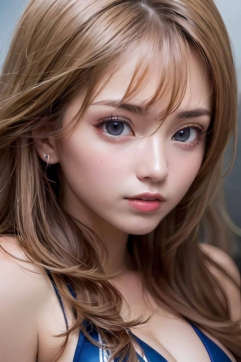 high resolution, extremely detailed photography, 8k full color, upper body, (a girl), detailed medium breasts, cleavage, beautiful detailed face and eyes, dynamic hairstyle, (wearing dynamic bikini:1.5), professional lighting, best quality