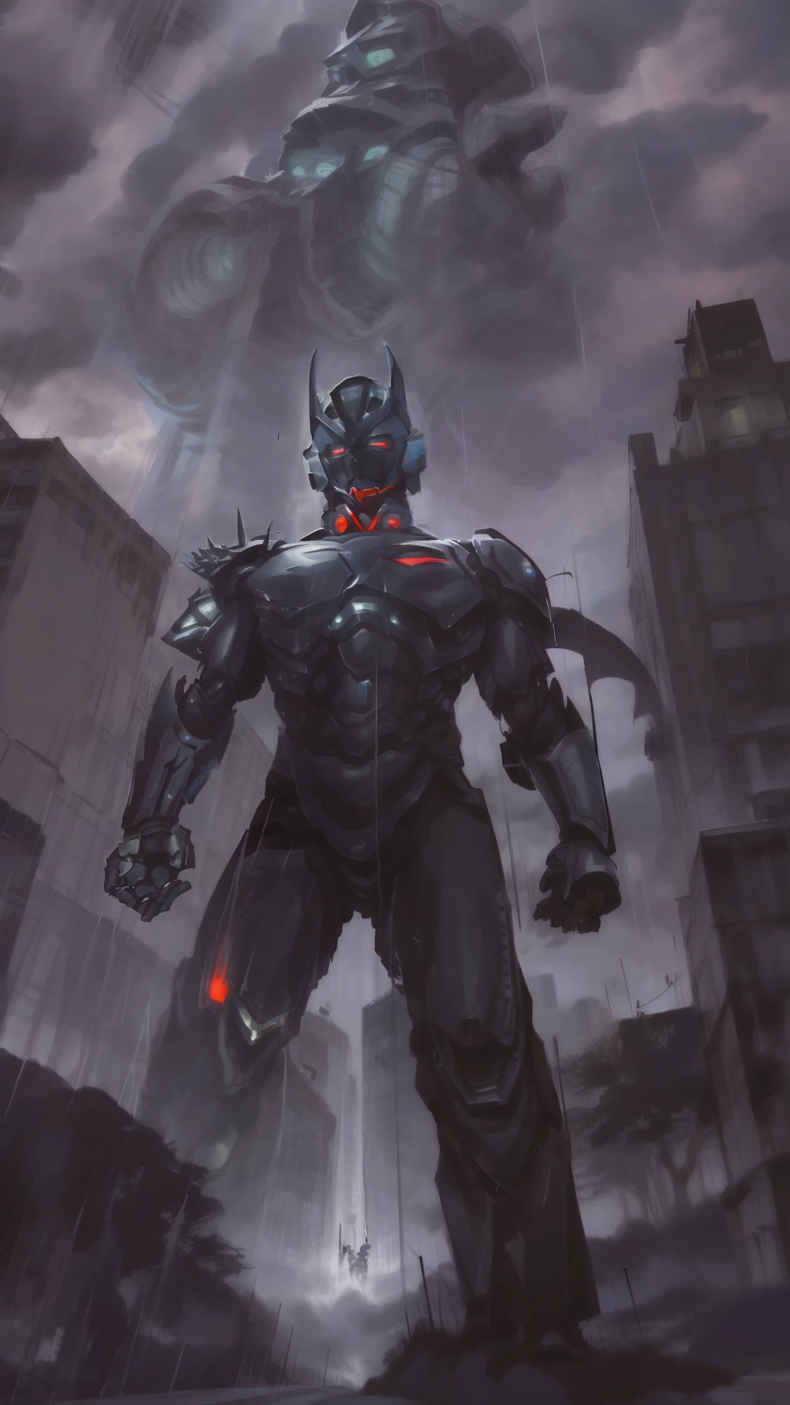 Anime characters in the rain，The background is a city, Ultraman, ultra instinct, evangelion concept art, Fan art, Rain!!!!, apocalypse art!!!!, concept-art, humanoid form, from pacific rim, inspired by Noriyoshi Ohrai, an epic anime of a energy man, concept art h 8 0 0