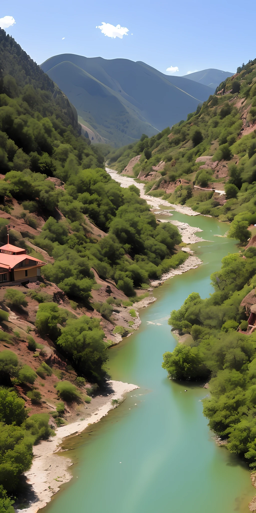 8K high-definition,hoog detail,There are small towns in the canyon,Mostly red roofs,Recently the creek crossed,There are flowers,Stunning scenery,There are pine trees in the mountains