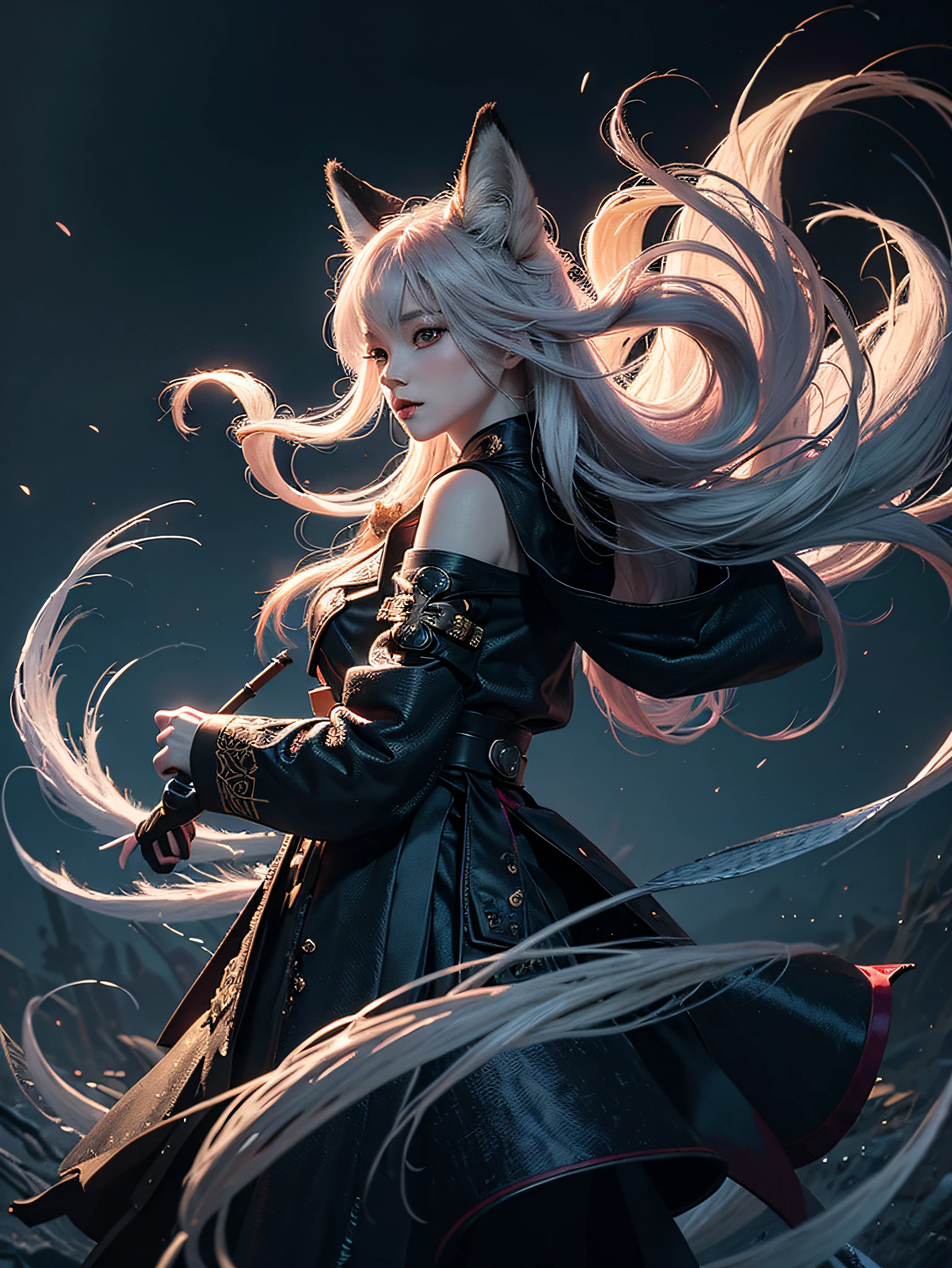 1girl, solo, official art, unity 8k wallpaper, ultra detailed, beautiful and aesthetic, masterpiece, best quality, photorealistic, Kitsune witch, fox mask, haori jacket, (foxfire spell), fox familiar, transformation, depth of field, Fantastical Atmosphere, Calming Palette, Tranquil Mood, Soft Shading (zentangle, mandala, tangle, entangle:0.7) abstract background, the most beautiful form of chaos, elegant, a brutalist designed dark theme