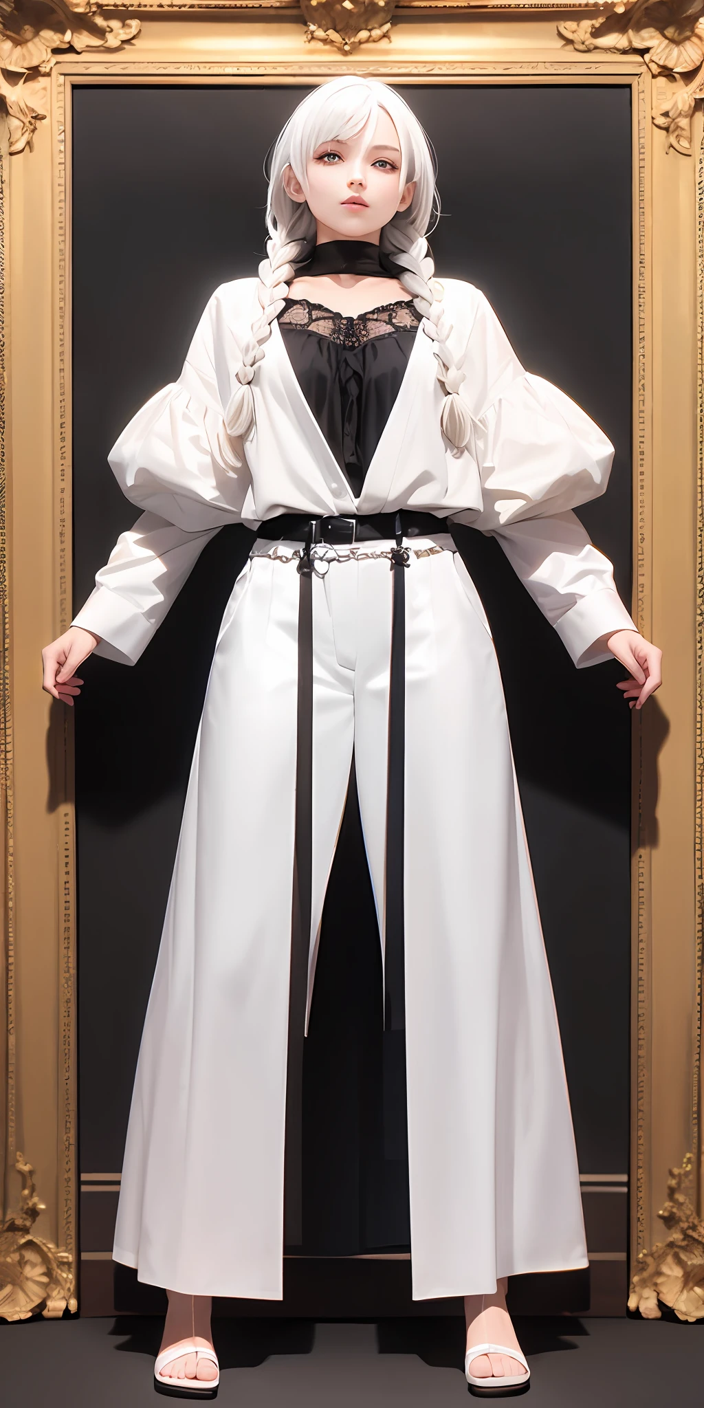 Excellent, masterpiece, white hair, golden eyes, white clothes, looking up, full body, hair, fair skin, side braids