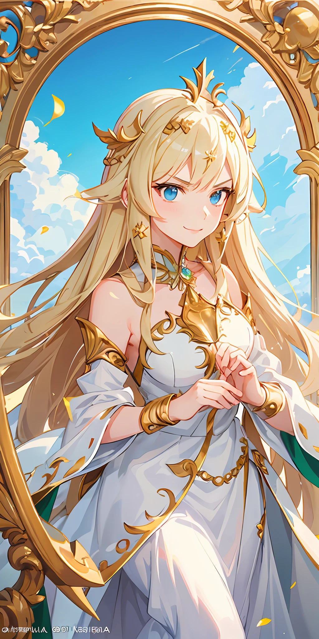 anime girl in a white dress with long blonde hair and a green and white dress, anime goddess, palutena, the goddess artemis smirking, lady palutena, portrait knights of zodiac girl, official art, ((a beautiful fantasy empress)), the godess hera looking angry, blonde anime girl with long hair, ancient goddess, anime visual of a cute girl