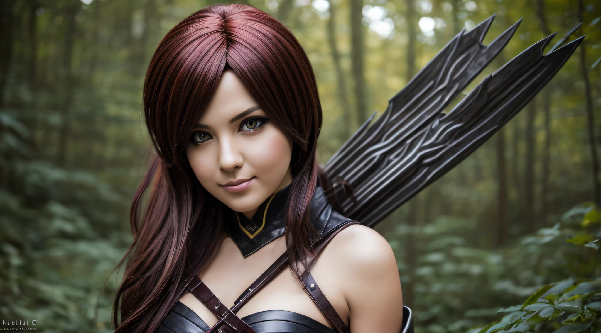 modelshoot full body photo of a fantasy cosplay girl, hair to her shoulders, is looking at the camera with a playful look on her face, ƒ/2.4, 7.9 mm, 1/850, ISO 50