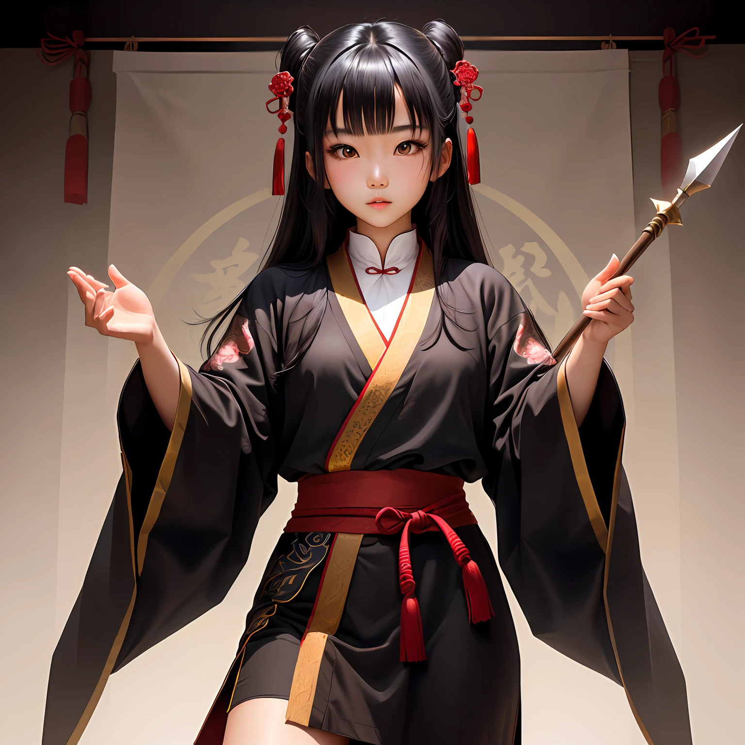 Asian girl,Jet-black hair,big bright eyes,Like anime,wearing a Taoist robe,Will play with a spear,Eighteen martial arts,Can Chinese Kung Fu,extremely cute