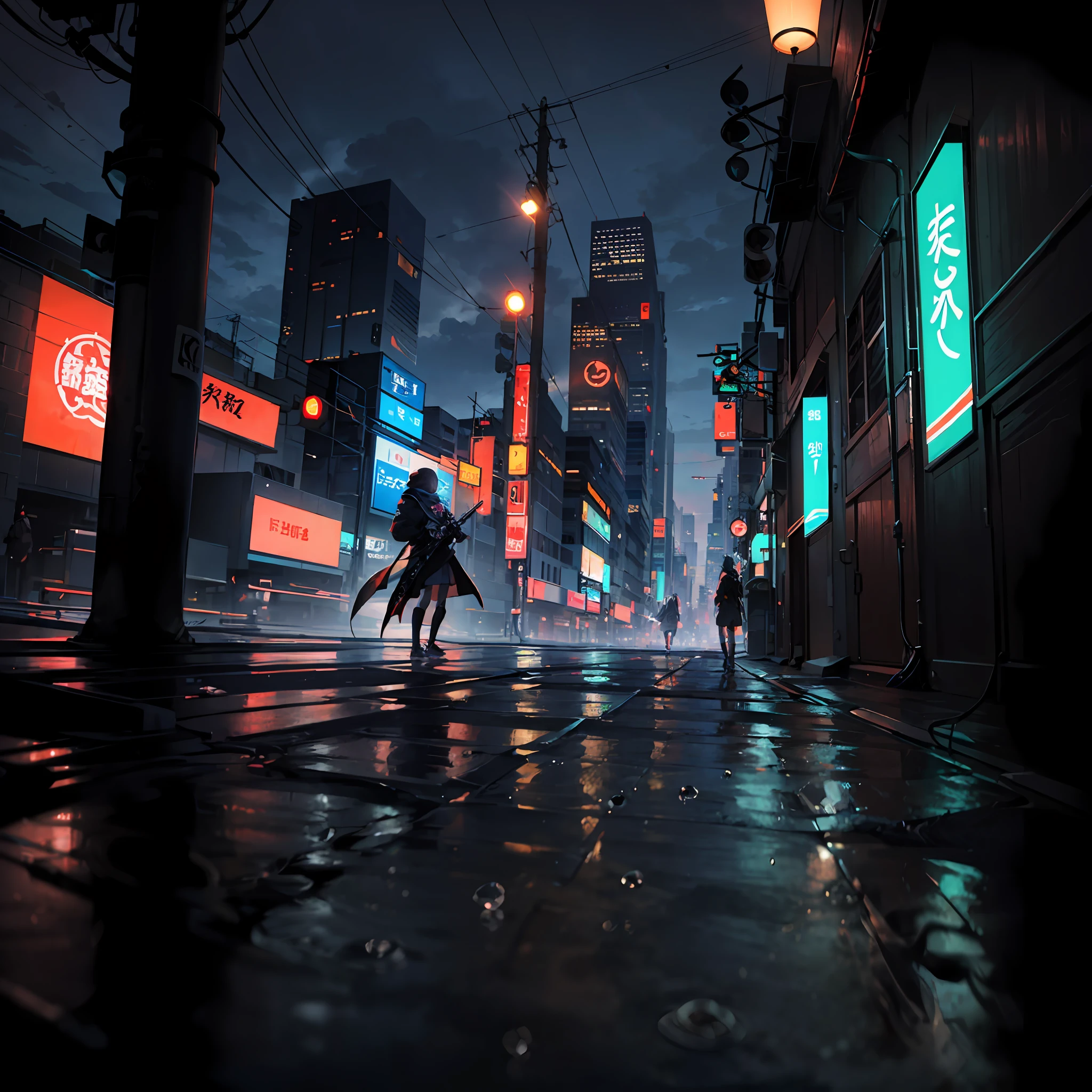 Action-packed anime style,Full of punk feel,The view is dazzling,Purple neon lights lit up the surroundings,An unimaginable sense of sci-fi is on the horizon,Tiny raindrops flutter in the air,It makes people feel a mysterious haze。 --auto