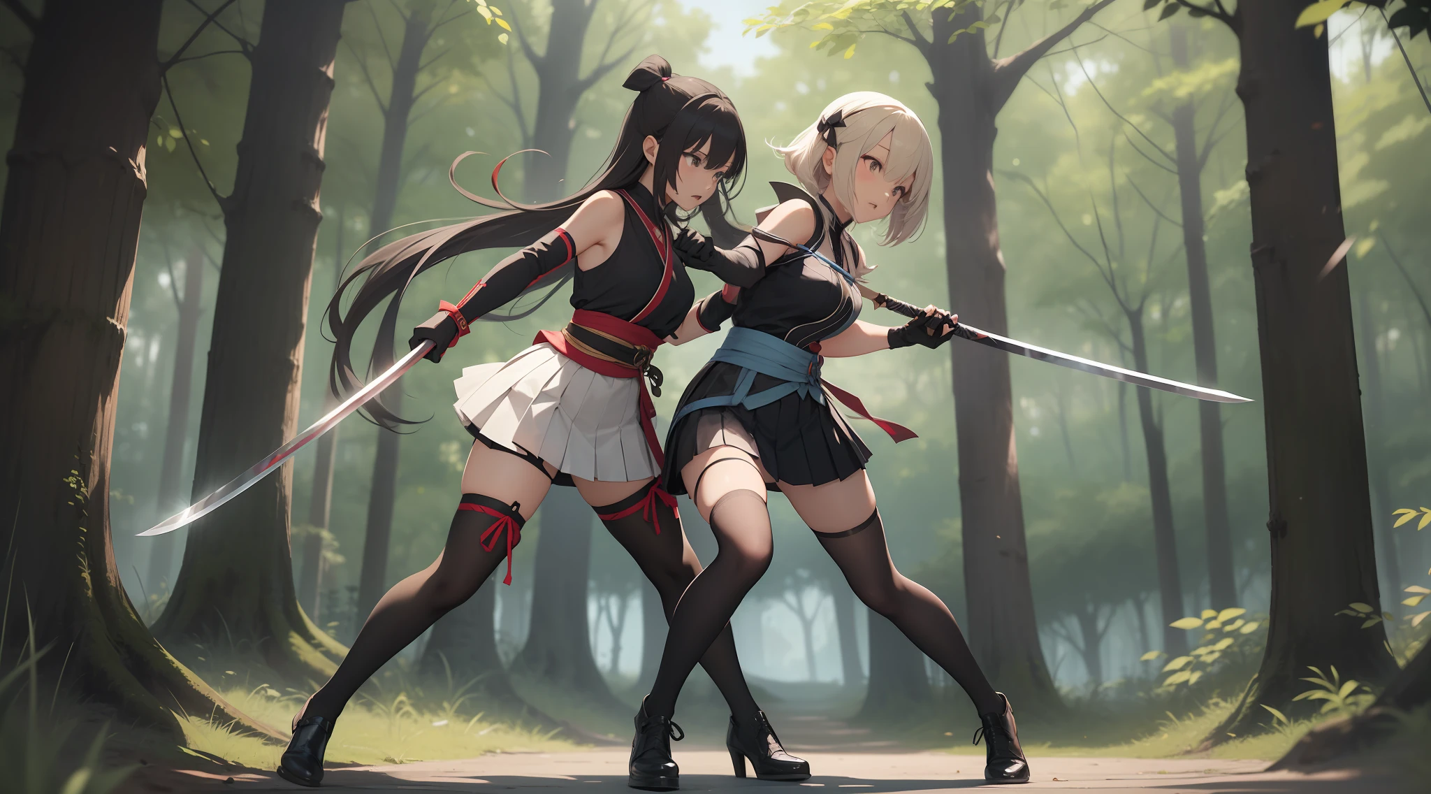 Full body shot of fighting between two female sword warrior, 1 versus 1. They are fighting in a fierce duel sword match, with serious expression. They have long loose hairstyle, small thighs and slender legs. They are wearing different color of sleeveless sword maiden armor, with black thin long elbow gloves, and obi tied on their back hip, and short pleated skirt. Both of them are wearing black thigh highs and black shoes. Background set in a lush forest.