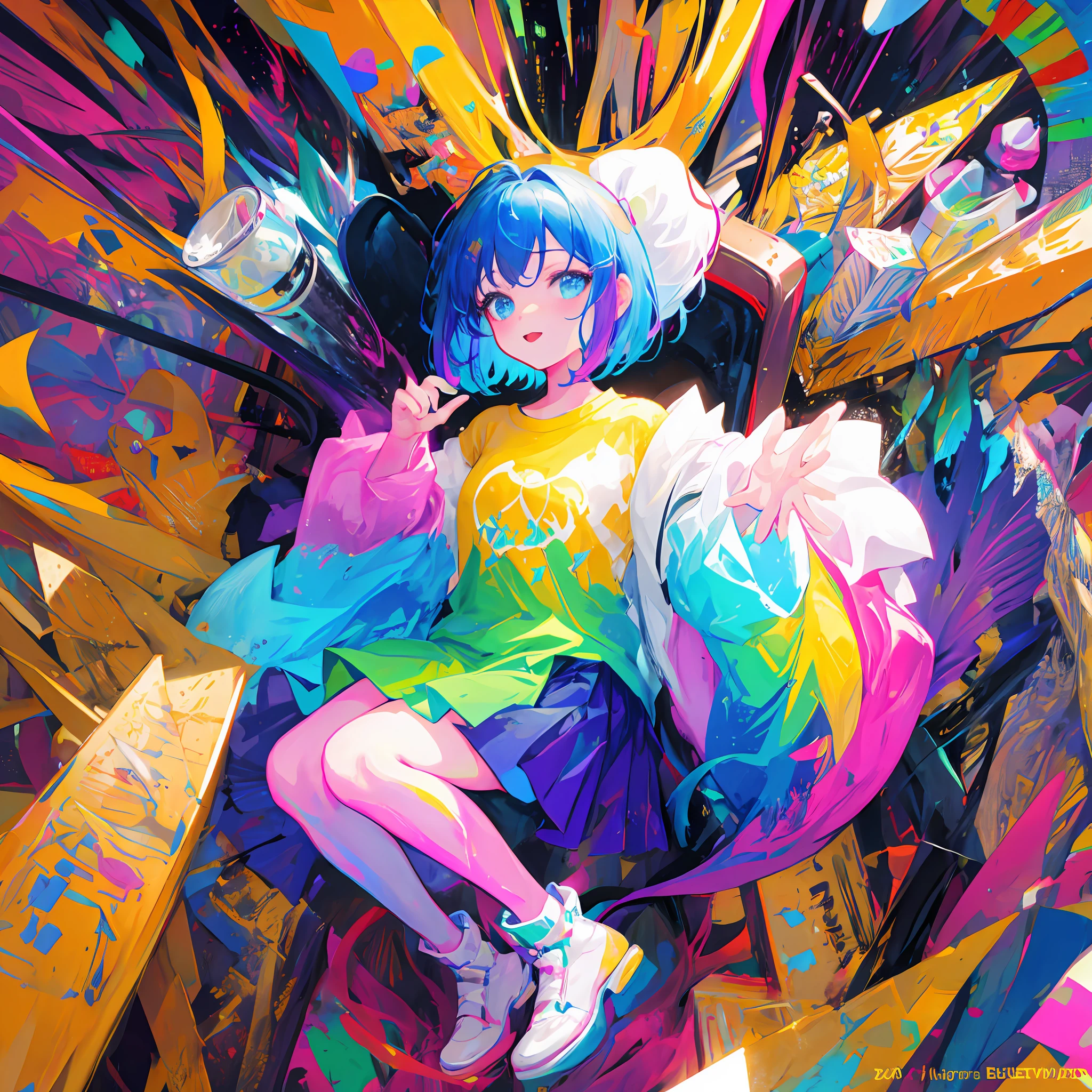 Rainbow paint，A girl made entirely of rainbow paint，Completely painted，1girll，All rainbow paint，hdr，（Complicated details，ultra detali：1.15），gorgeous lights，rainbowing，paint splatter，spatter，Very rainbow，Very Colorful，neons，paint drops，Rainbow paint background，Colorful background，Short colored hair，bob-cut hair，smallunderboob，flatchest，shortsleeves，T- shirt