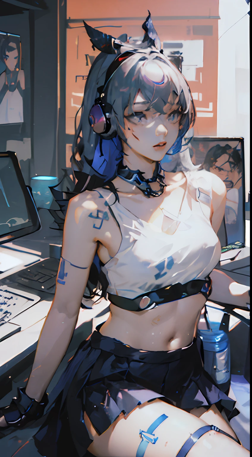 (((((7 avatar shot)))), Silver Wolf, Masterpiece, Best Quality, Ultra Detailed, Extremely Detailed 16k CG Wallpaper, Beautiful Face, (Silver Wolf in Esports Room), (Perfect Beautiful Curved Figure), Seated, Rainbow Color Jewel Eyes, Wearing Resin Hologram Sports Bra, Crop Top Drape, Mini Pleated Skirt, Bell Collar, Logo, Impotence, Contour Light, Concert, Neon Sign, Audio, Bell Collar, Esports Headset, Computer, Esports Room, Play Games, White Interior Through Red Skin, holographic projection, flat sphere, graffiti logo, highly detailed tattoo_,
Authoring information