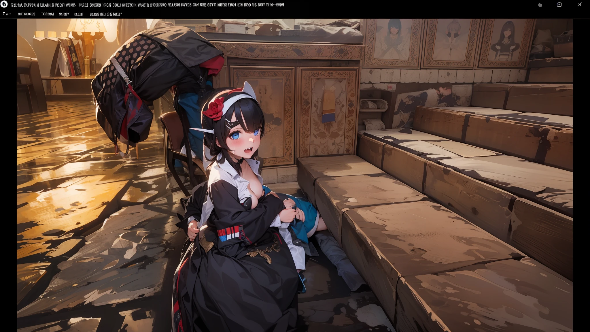 Masterpiece, Top quality, Ultra high definition, Maximum resolution, Very detailed, Professional lighting, Cowboy shots, Masturbation, Grab your own breasts, One girl, , Very cute, Sit on boy, Spread your legs, Black hair, Semi-long hair, Hair ornament, Hairpin, Uniform, Open shirt, up shirt, sweat, Blue eyes, Blush, Crotch, Bukkake, One boy, Insert
