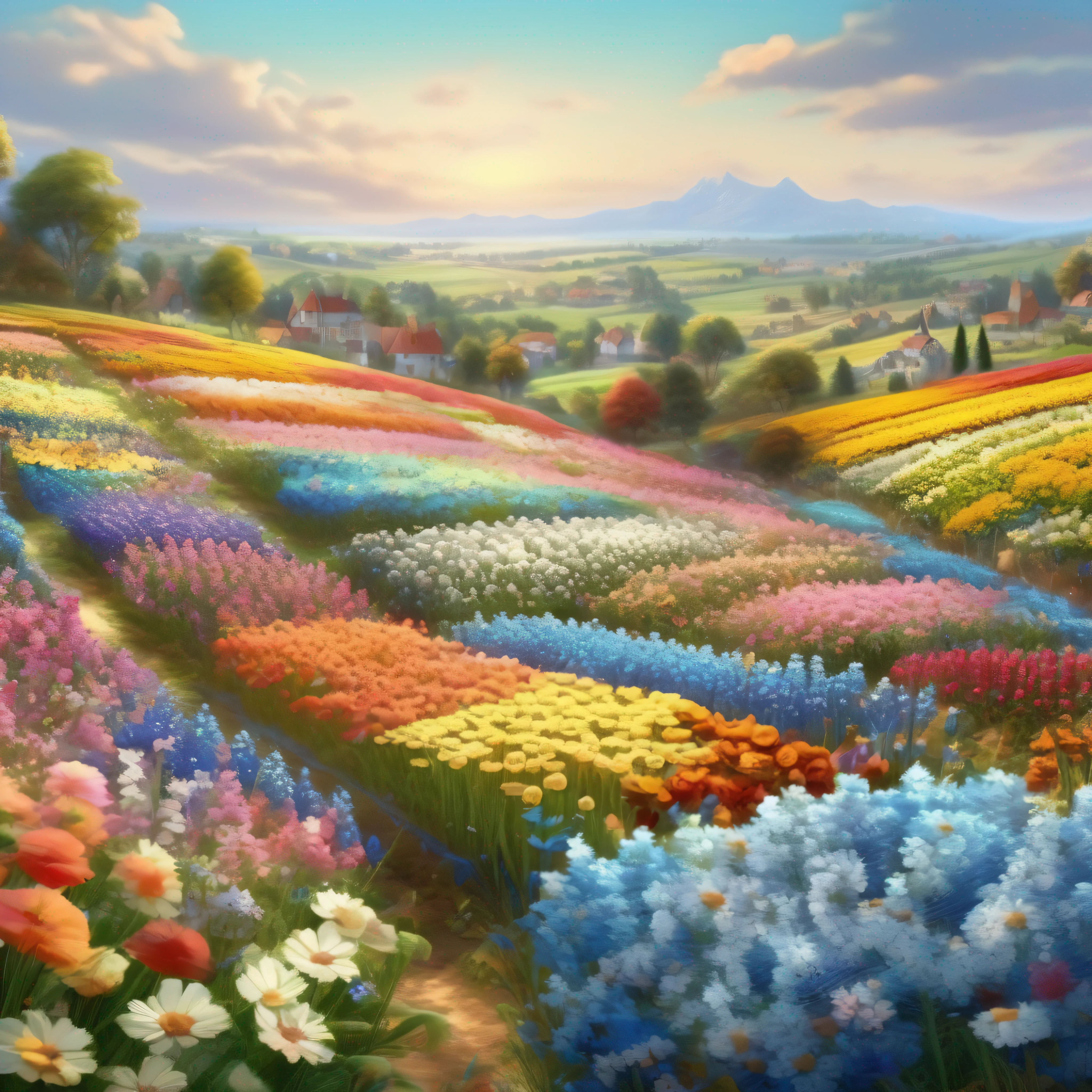 Beautiful scenery of flower fields, lot of flowers，blue-sky，Beautiful art UHD 4 K, Detailed scenery —width 672, author：Franz Hergi, scenery art detailed, 8K high quality detailed art, 4k highly detailed digital art, beautiful high resolution, 4 k matte thomas kinkade