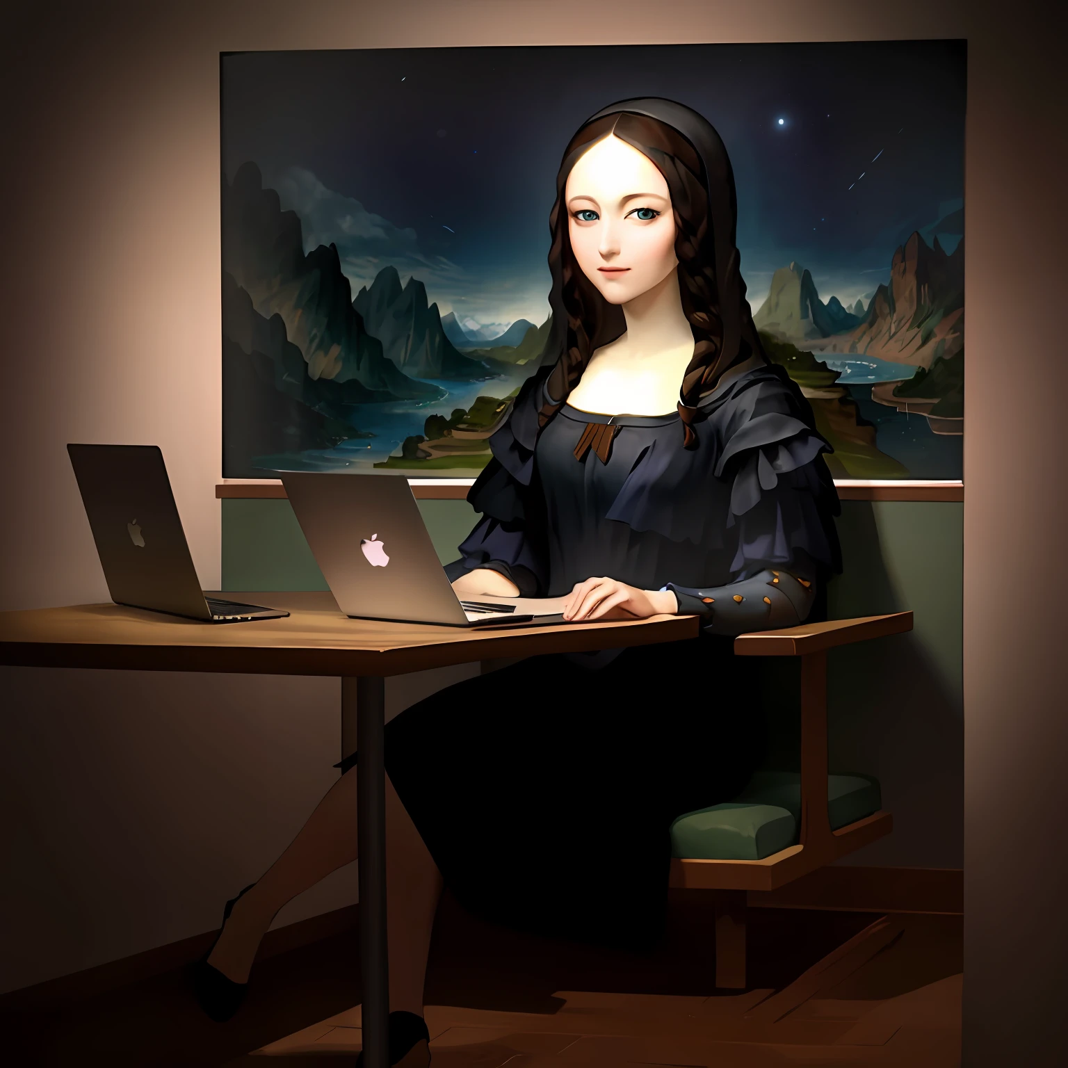 Mona Lisa sitting in front of a Macbook