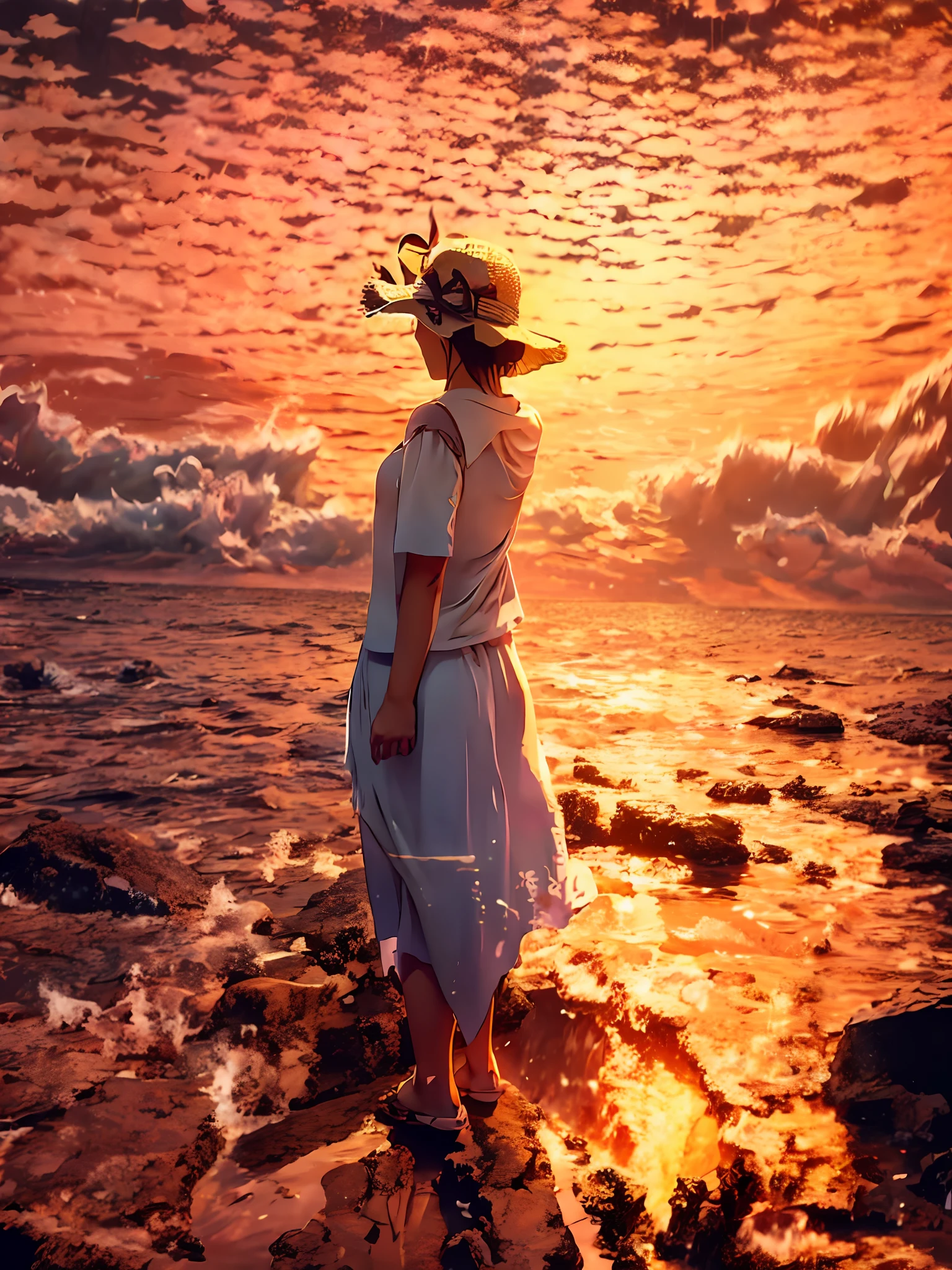 Hayao Miyazaki anime style,Department of Healing,there is a woman standing on a rock in the water, Have by the sea, Near the sea, Have by the sea, looking at the ocean, In the sea, in a bikini, standing on the sea side, with straw hat, The sea in the background, Sea in the background, looking at the ocean, on the ocean water, standing at the beach,HD picture,4k画质,Fine body structure detailing