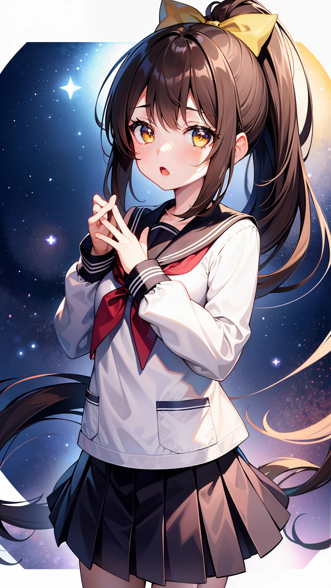 masterpiece, best quality,1girl, solo, brown hair, long hair, ponytail, school uniform, open mouth, yellow eyes, skirt, star (symbol), sleeves past wrists, sleeves past fingers, looking at viewer, :o, blush, starry background, pleated skirt, serafuku, white background, hair bow