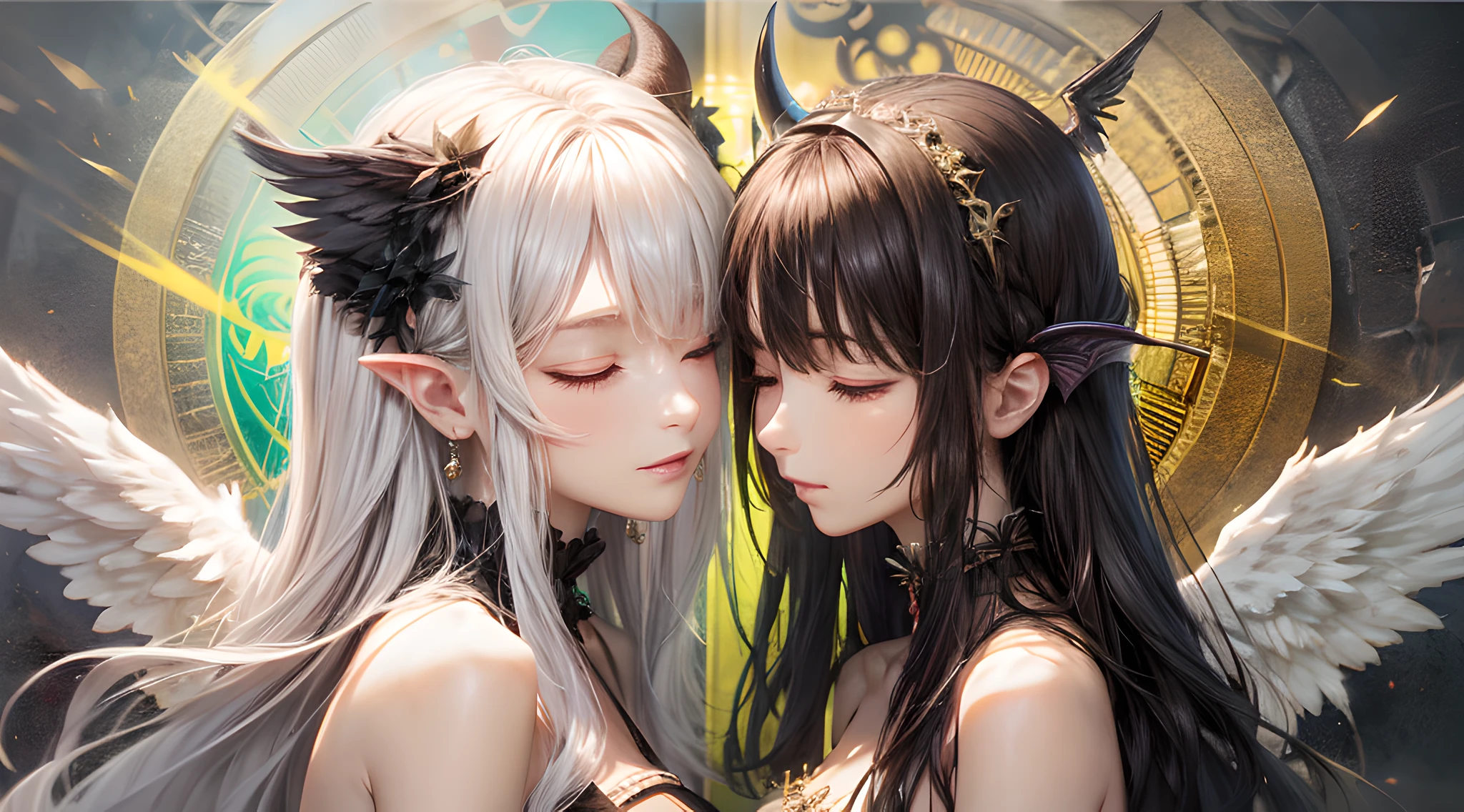 (2girls), (Angels and demons), (twins), (Wings), (Long silver hair and long black hair), (Delicate glowing pretty face and delicate dark pretty face), (Detailed eyes:1.2)(The aperture on the top of the head of the girl on the left and the horn on the top of the head of the girl on the right), (White holy wings and black demon wings), Hug together, With his eyes closed(enormously detailed:1.3), Side face to side face, Light smile, reflective light, blend, stereograms, symetry, Cowboy shot, The ultra -The high-definition, 巨作, A high resolution, ultra-definition, baroque, Abstractionism, Ray tracing, reference sheet, move chart, projected inset, Caustics, Wide-angle, from above, ccurate, Textured skin, Super detail, High details, High quality, 8K