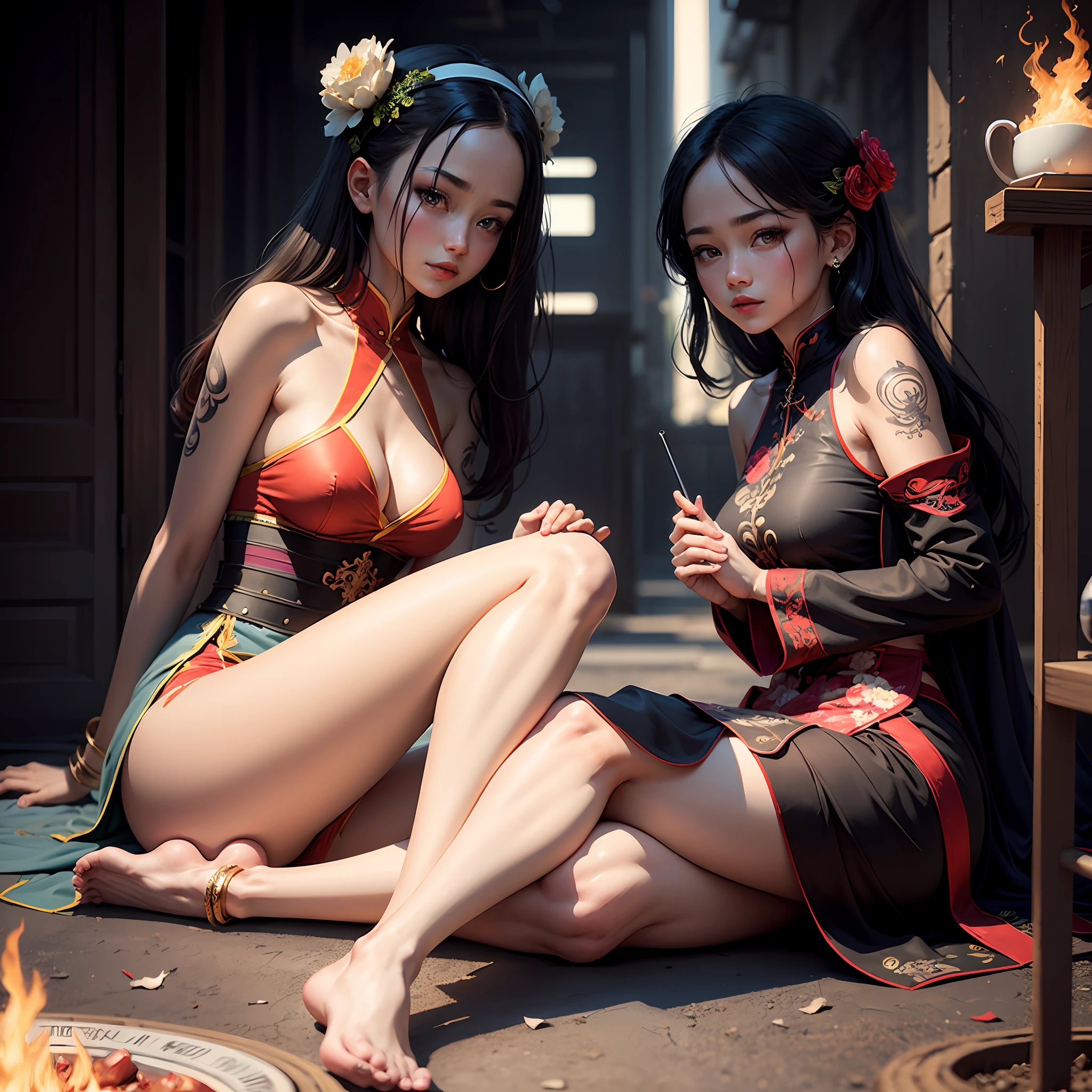 HighestQuali,whaite hair,Red eyes,3d,Kizi,filigree,best illustration, illustratio, vivd colour, tmasterpiece, Best quality at best,oral sexy,Sit on the ground with your legs spread out,frontage, full bodyesbian,ssmile,Side lighting,电影灯光,NVIDIA rendering,exposed bare shoulders, Hanfu, Chinese clothes,looking looking at viewer,Tattoo on the front,sparking eyes, perfect eyes, 15year old, Black and white gold theme, --auto