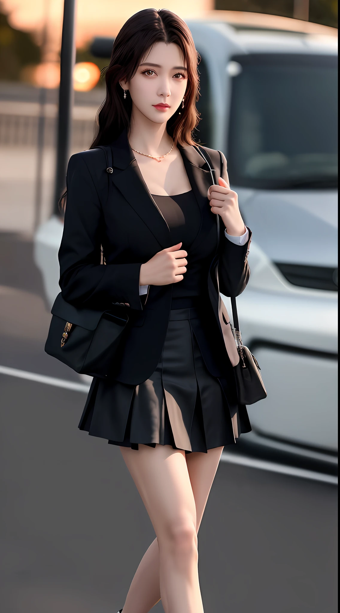 best quality, masterpiece, 1girl, Beautiful face, (photo realistic:1.3), rim lighting, (high detailed skin:1.2), 8k uhd, dslr, high quality, high resolution, 4k, 8k, Bokeh, absurdres, best ratio four finger and one thumb, (realistic:1.3), cute 1girl, wearing black formal blazer, medium breasts, short skirt,