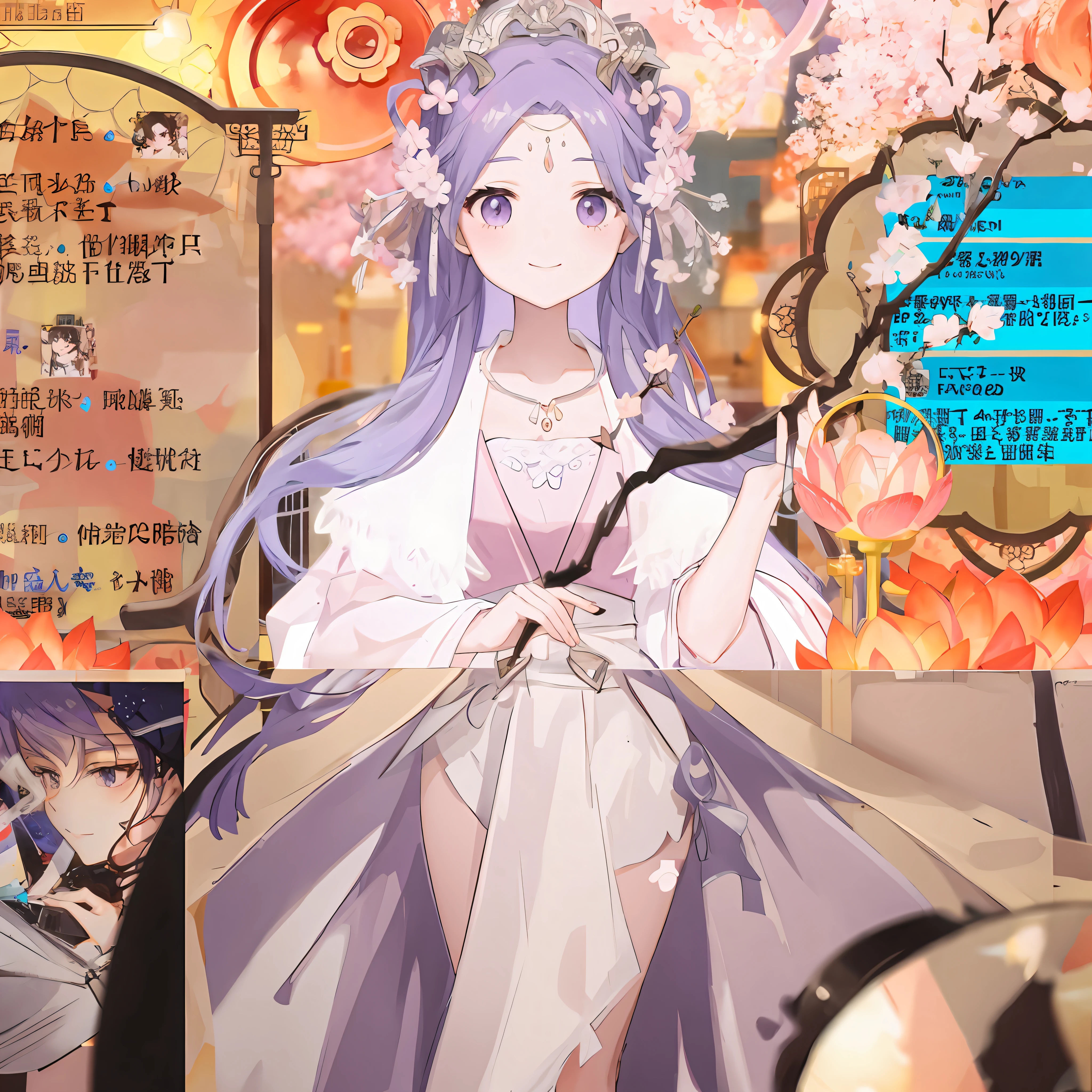 Anime girl with purple hair and holding a book, lovly, bangs, fake smile, From below, Cinematic lighting, The ultra -The high-definition, High quality, Best quality, 巨作,Stand in the peach garden,fairy,