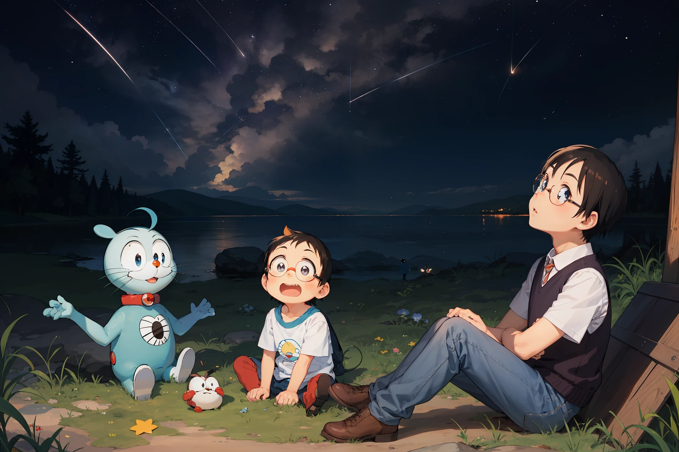 Doraemon and Nobita sit on the grass and look up at the stars