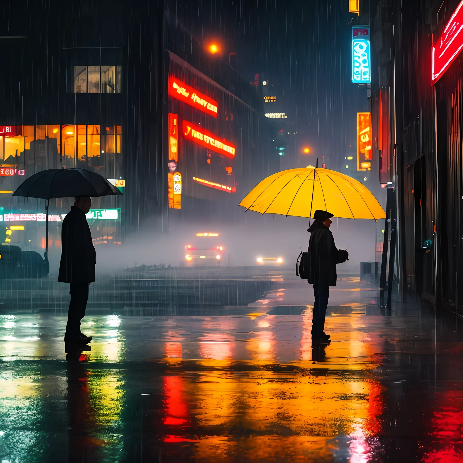 transverse composition south lonely man fog cyberpunk back stretch night reality ultra-modern movie Sony A7s shooting realistic real photo taxi heavy rain transparent umbrella stroll vintage taxi front low angle composition rain reflection store signs are out of order