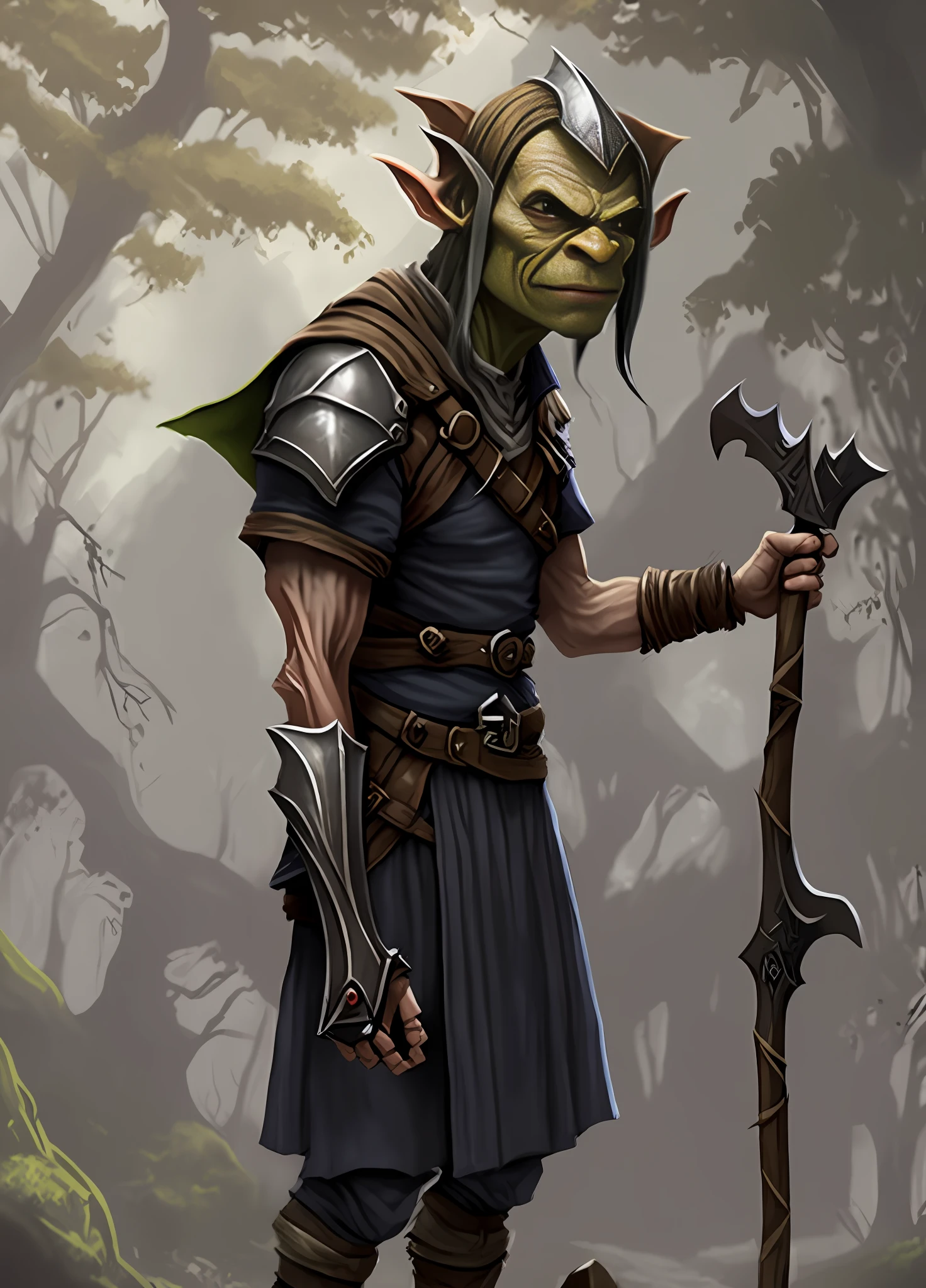 there is a man in a costume holding a stick, goblin male portrait, goblin man dnd character, medium portrait of a goblin, d&d goblin warrior , portrait of a goblin, a portrait , goblin art, portrait of a slender elven man, half orc , portrait of an elf, attractive tiefling warior, leather armor, axe on hand, shield on hand,