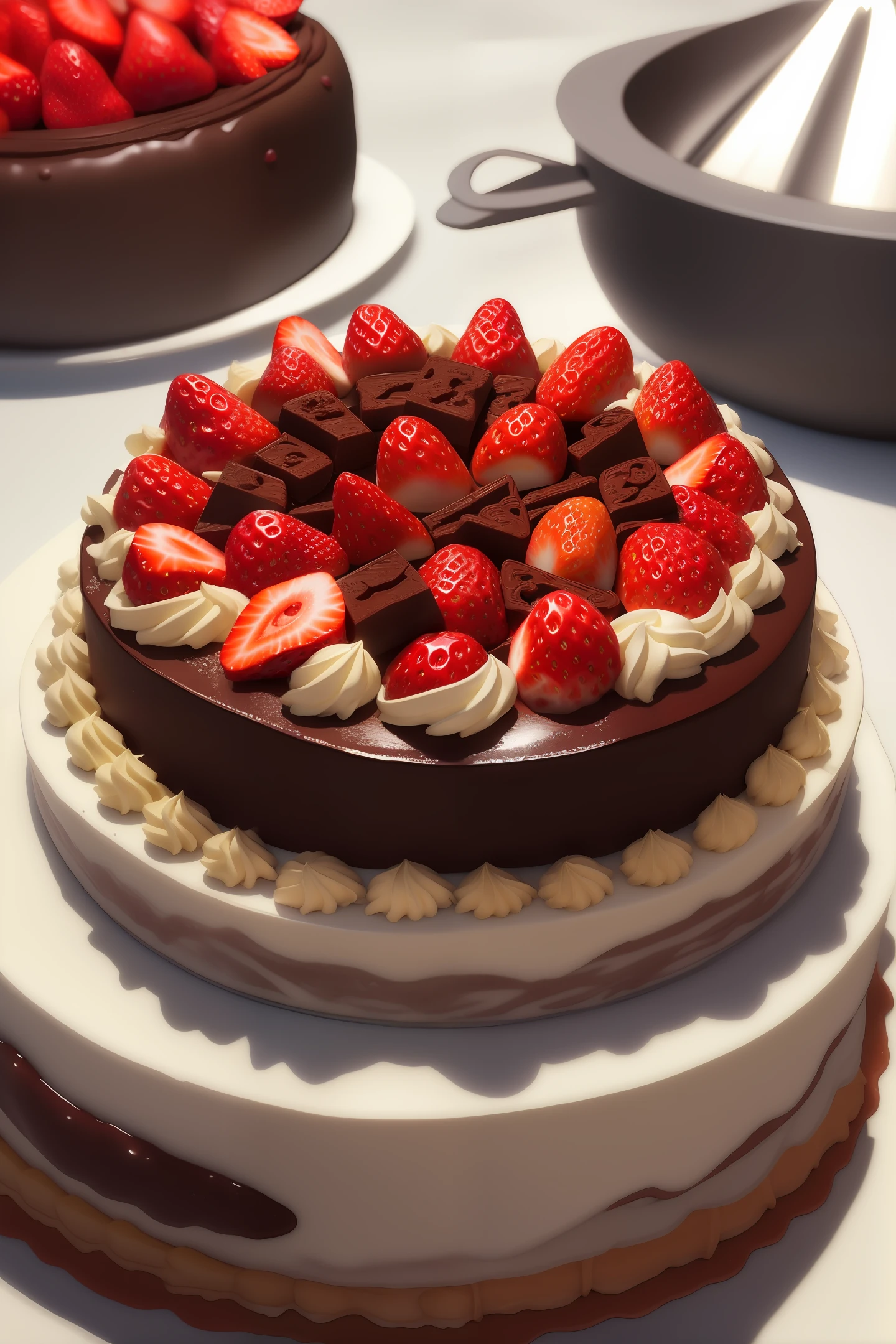 (high quality masterpiece:1.5), layered chocolate cake slice, (strawberries on top, white marenque pieces), view from the side, photorealistic, high details, intricate, sharp focus, 8K, HD, Full-HD, Ultra-HD, Super-Resolution, Megapixel, subsurface scattering, edge lighting, rim light, rim lighting, best lighting, refreshing, lumen Reflections, screen space reflections, Post Processing, Post-Production, TXAA, De-Noise, shaders